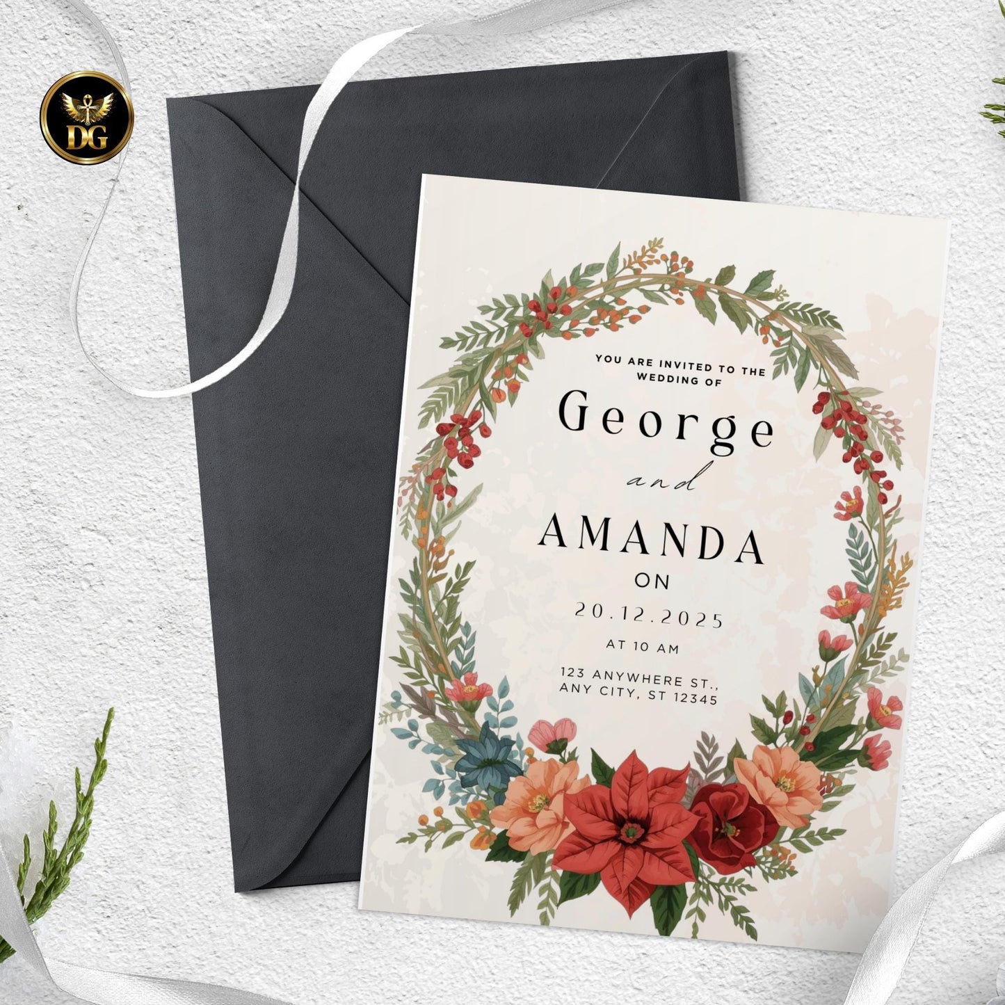 Christmas Wedding Invitation Bundle, Cream Gold Editable Canva Template with RSVP, Menu, Save Date, 7 Cards Instant Download