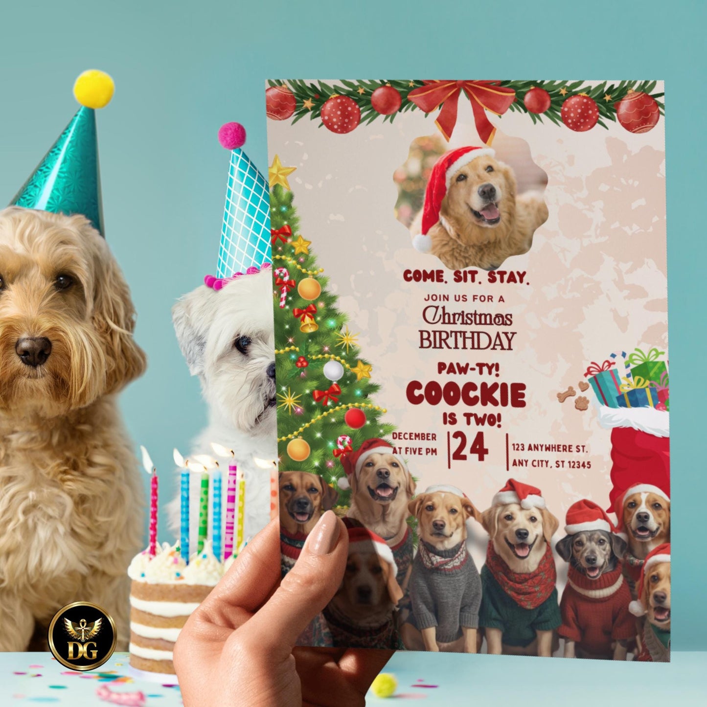 Christmas Dog Photo Invitation β Cream Gold Canva Template, Editable Pet Party Card, Santa Hat Puppy Invite, Holiday Dog Celebration