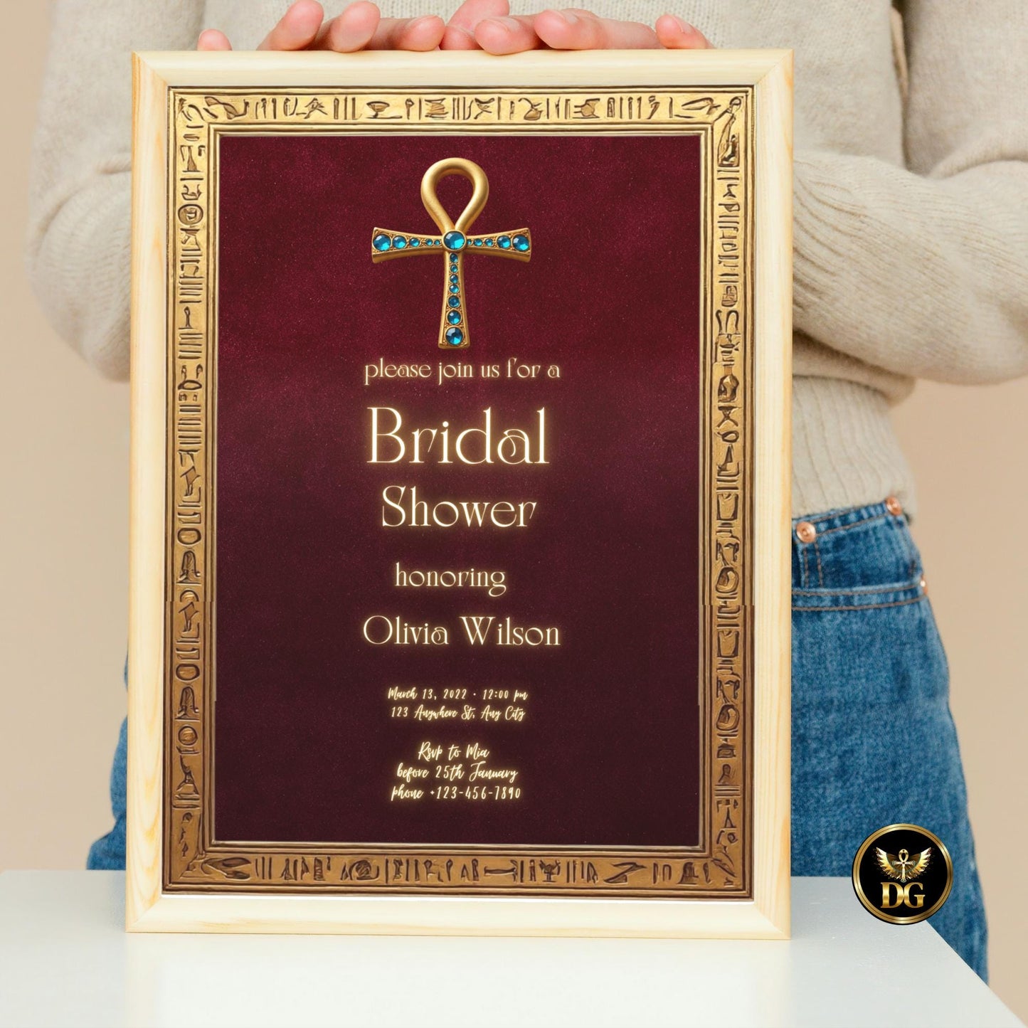 Egyptian Red Velvet Invitation Gold Hieroglyphic Frame Ankh Jewel | Wedding & Bridal Shower Digital Template