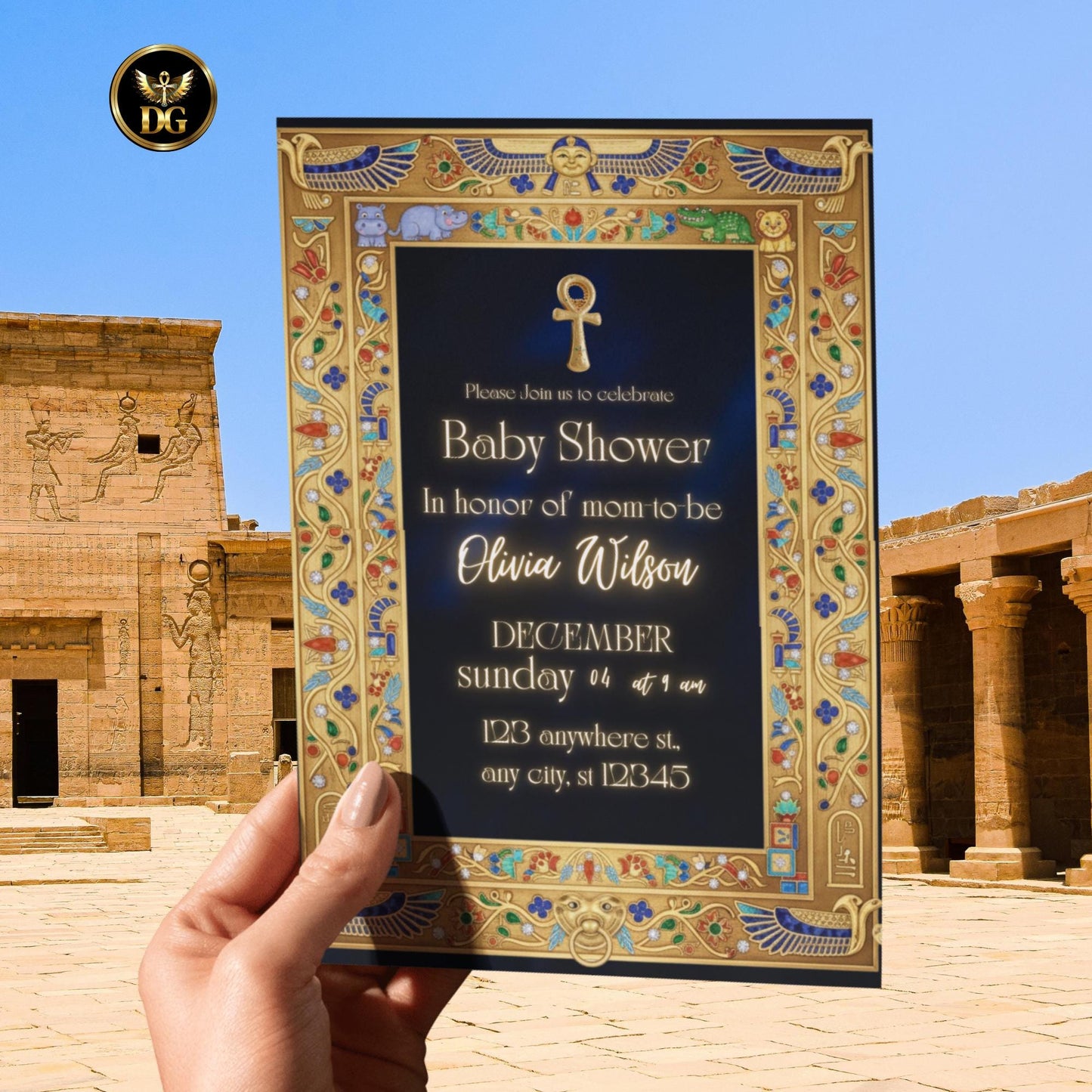 Egyptian Baby Shower Invite | Blue Velvet Gold Frame | Ankh Life Symbol | Digital Canva Template