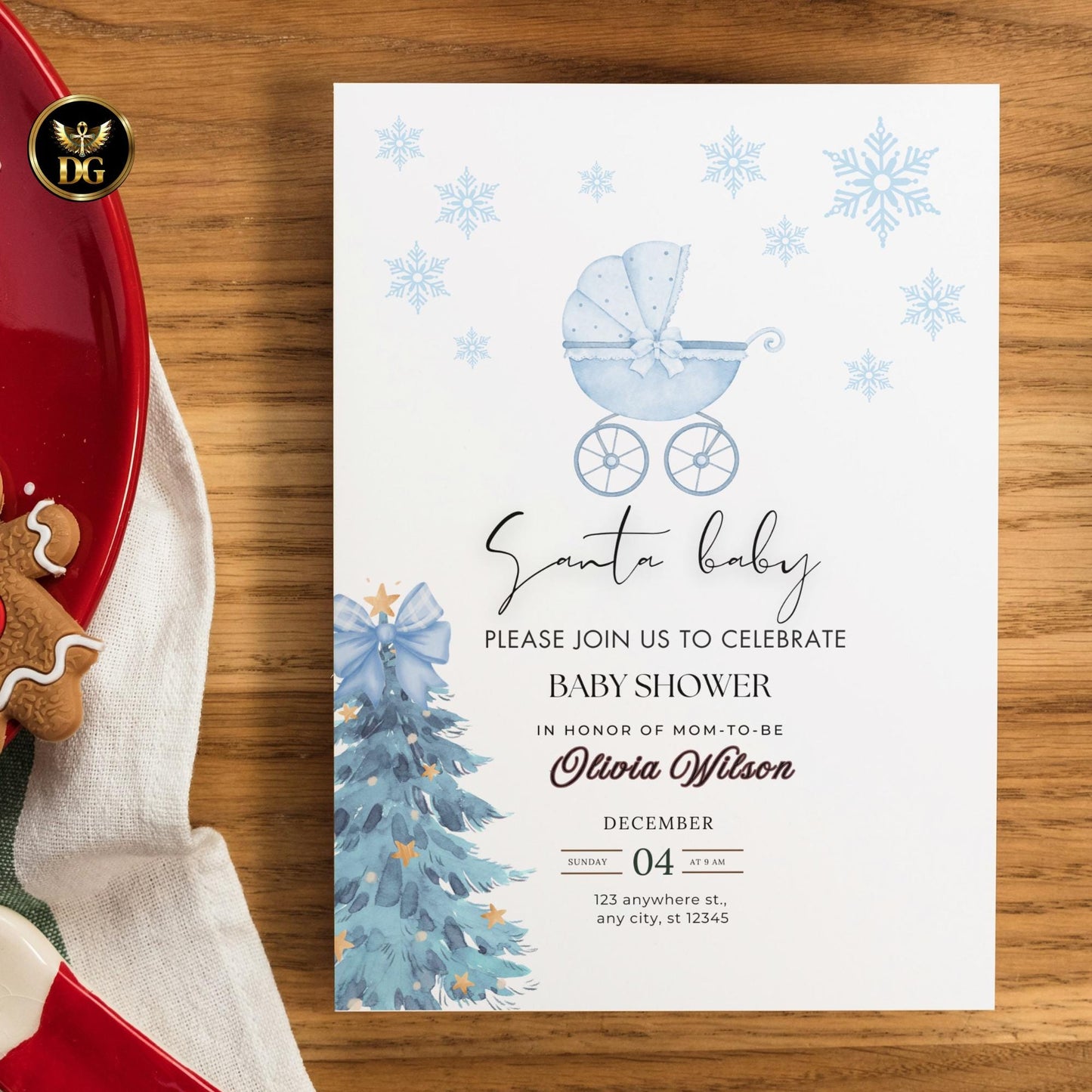 Editable Blue Christmas Baby Shower Invitation | Baby Car Winter Baby Shower Invite | Boy Baby Shower Template with Blue Bow