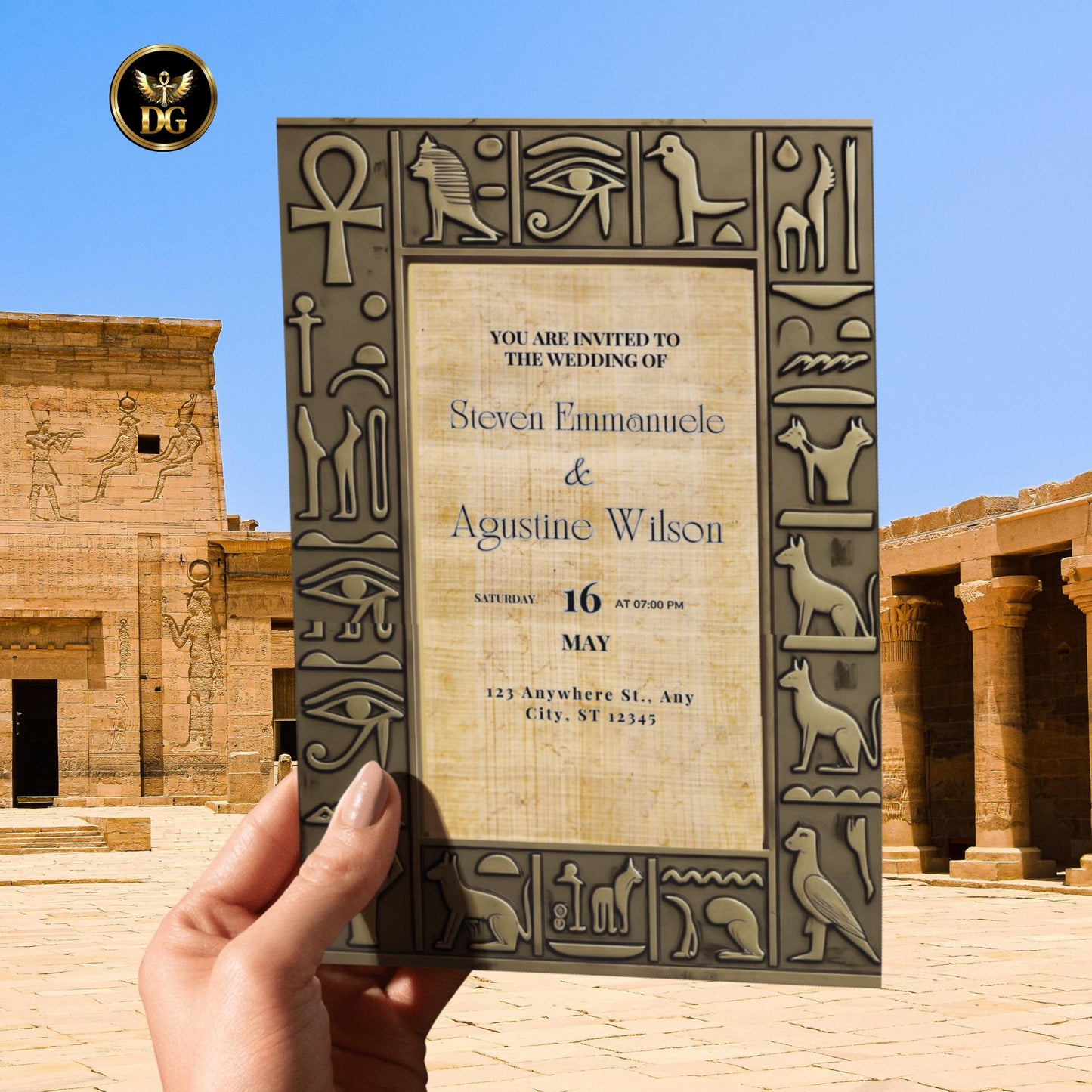 Egyptian Pharaoh Wedding Invitation Template Digital Editable Hieroglyphic Card GEM Grand Opening Theme Ancient Golden Frame 5x7 & 1080x1920