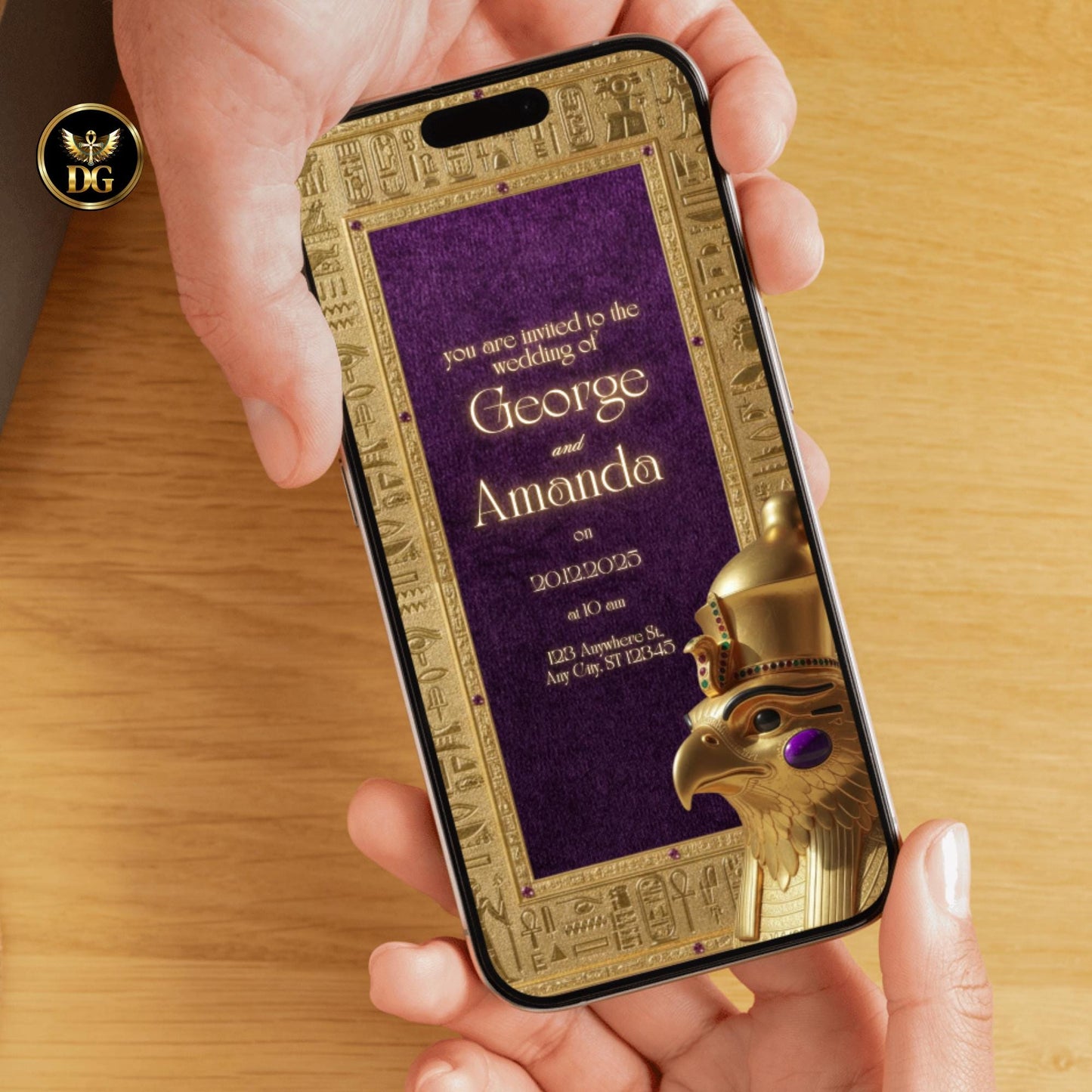 Pharaoh Wedding Invite, Gold Mauve Canva Template, Egyptian Digital Download, Head of Horus Editable Invitation, Luxury Hieroglyphic Design