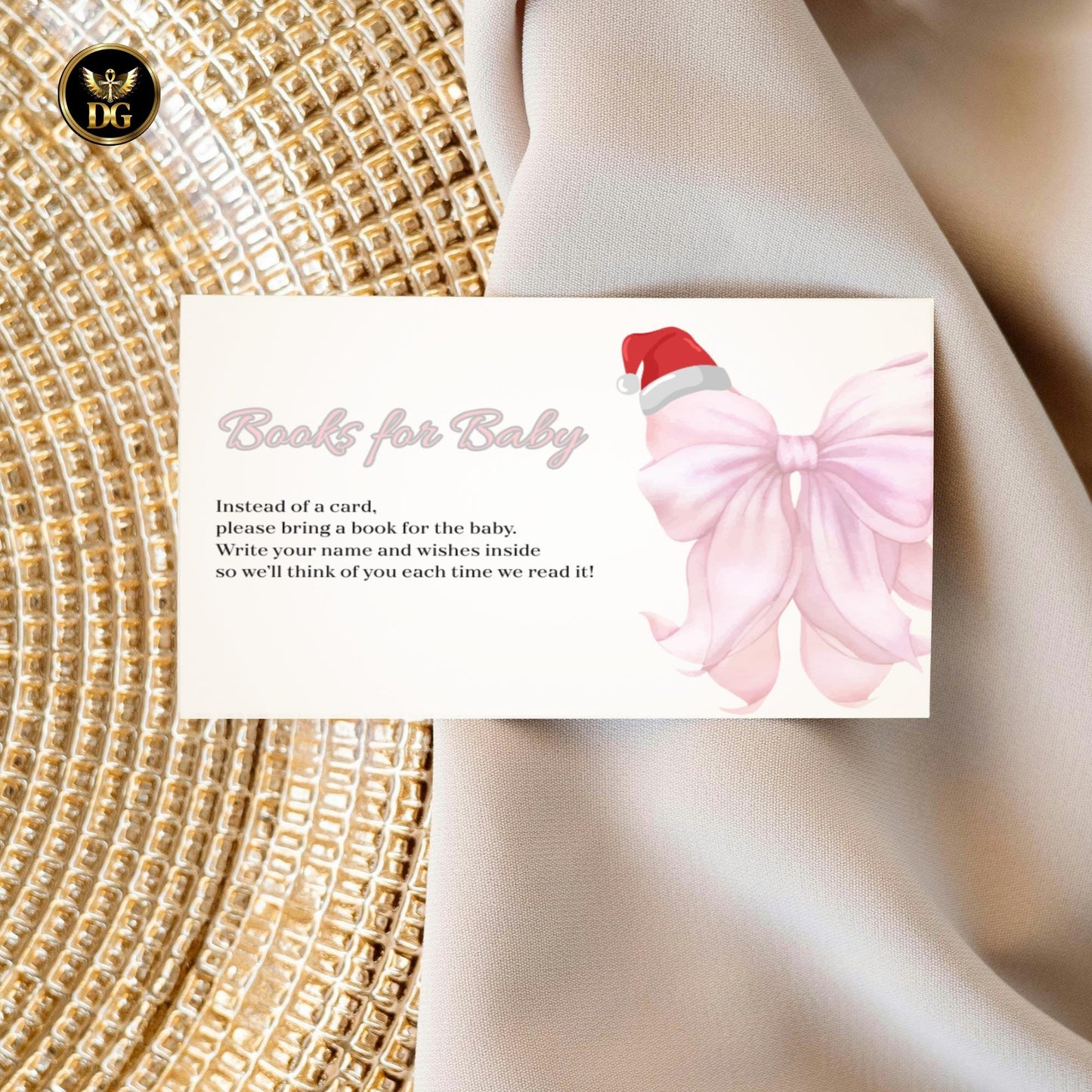 Baby Girl Christmas Shower Invitation Bundle, Pink Bow Watercolor Holiday Baby Shower Set, Editable 5x7 Cards, Winter Santa Hat Theme