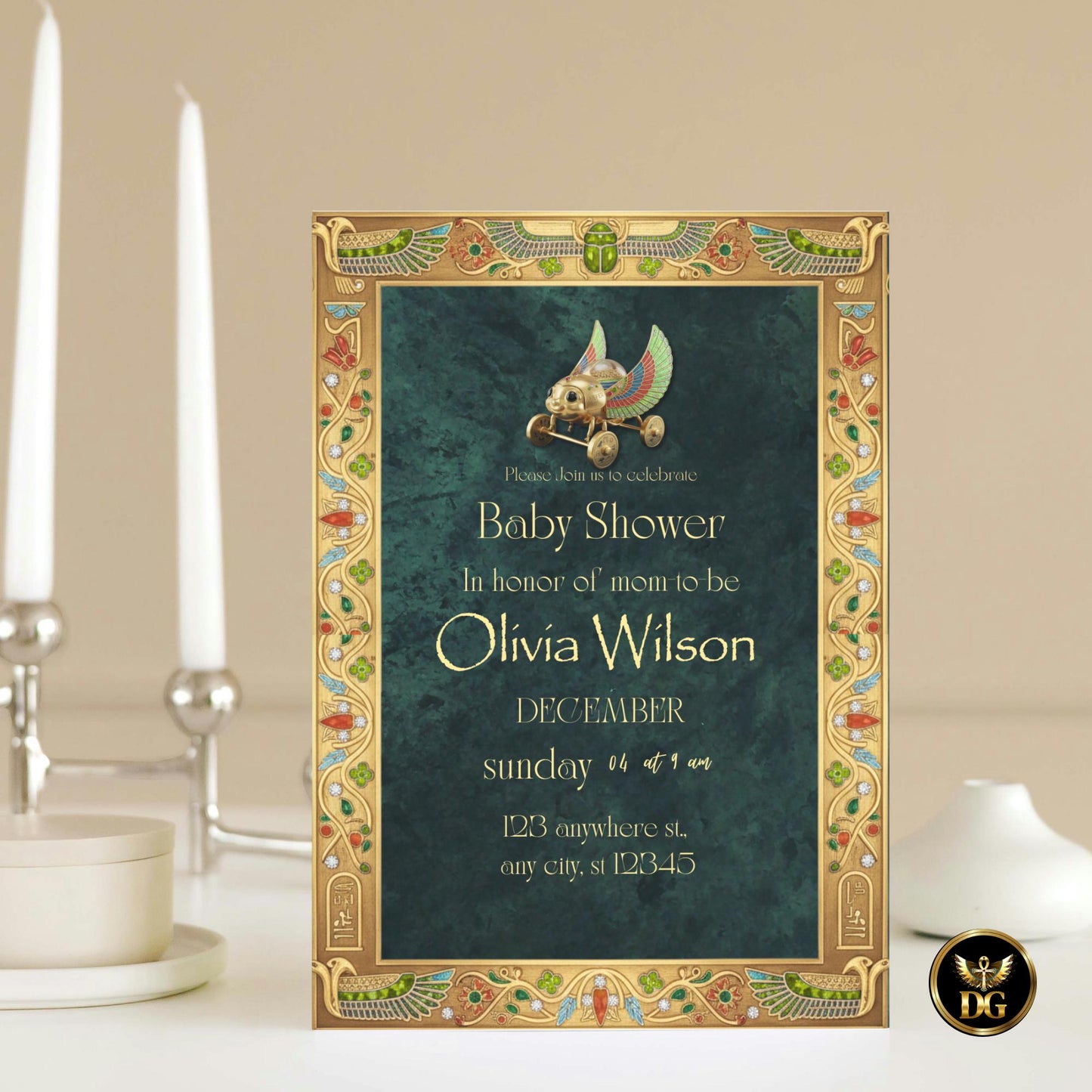 Emerald & Gold Pharaoh Baby Shower Invitation β Royal Egyptian Digital Invite with Mini Pharaoh Toy | Luxury Baby Celebration