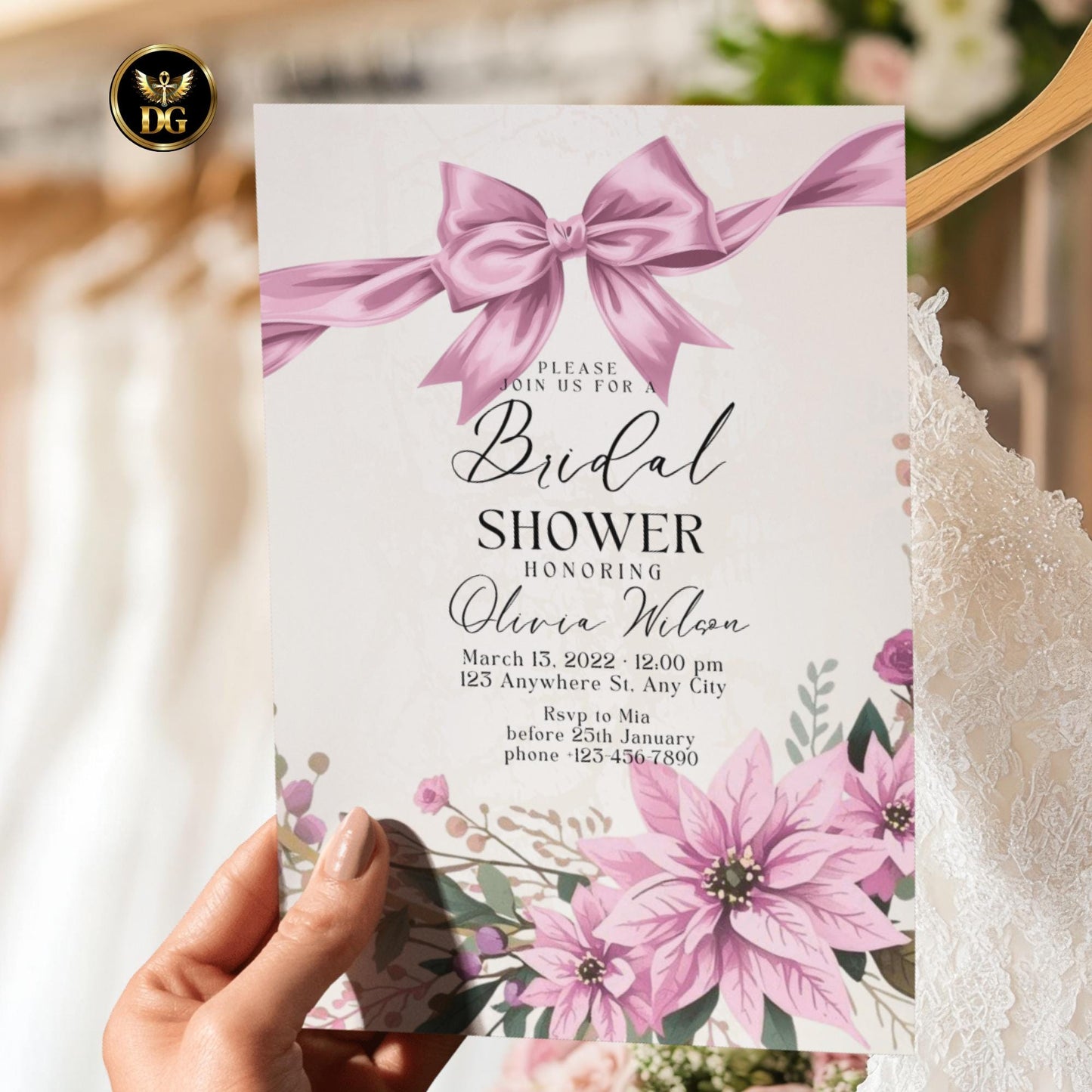 Elegant Pink Christmas Bridal Shower bundal Invitation | Winter Wedding Template | DIY Printable Holiday Invite Set