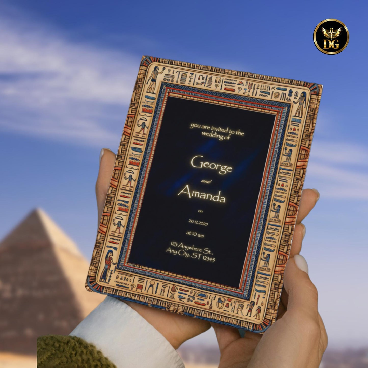 Elegant Egyptian Wedding Invitation | Beige Wooden Hieroglyph Frame | Velvet Background | Handcrafted Editable Canva Template