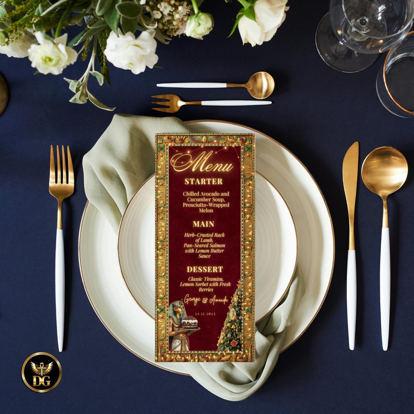 Pharaonic Christmas Eve Invitation: Tutankhamun Holds Xmas Cake by Golden Tree - Luxe Egyptian Digital Bundle Maroon Velvet 5x7 Menu RSVP