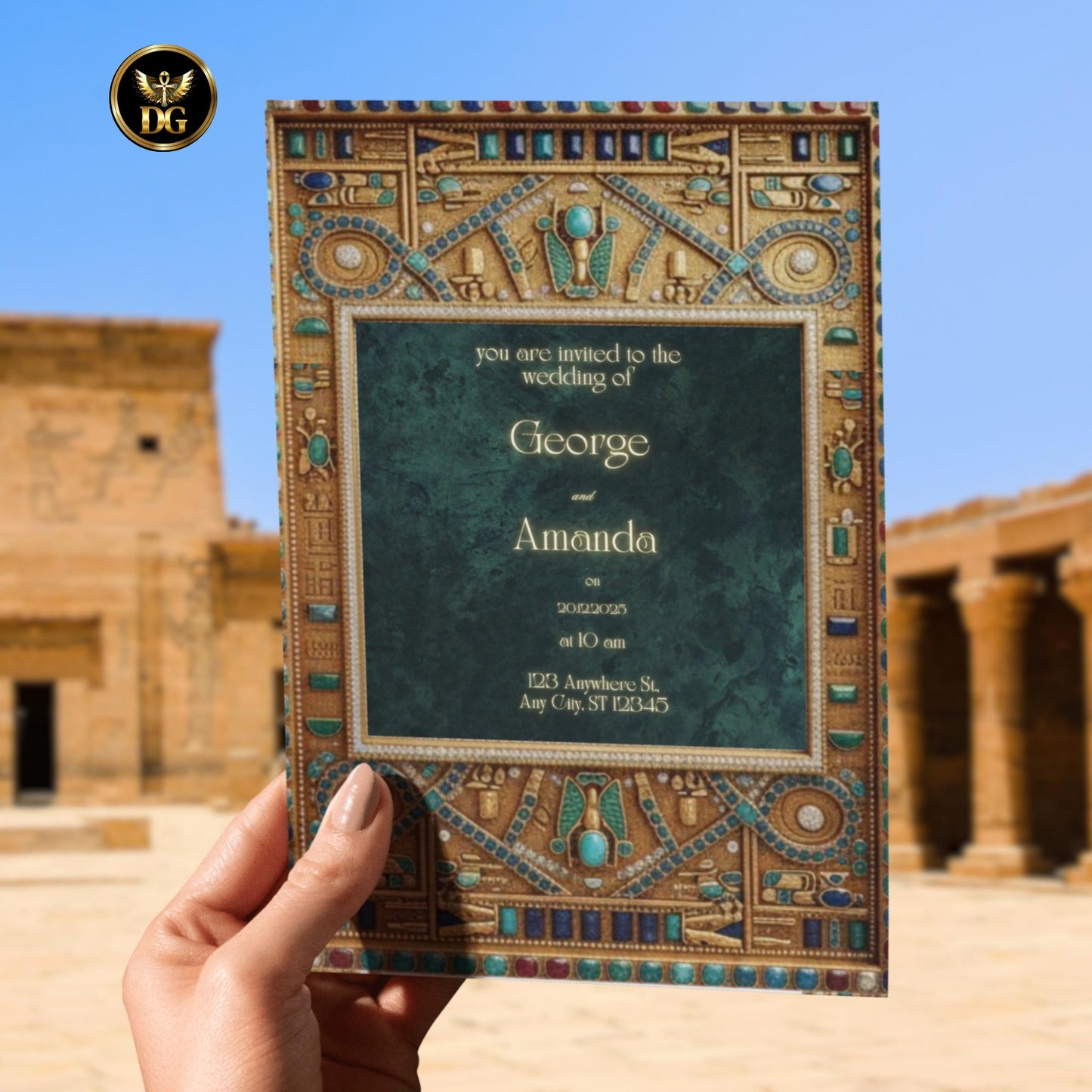 Luxury Egyptian Digital Wedding Invitation - Pharaoh Frame with Emerald Velvet & Jewel Accents