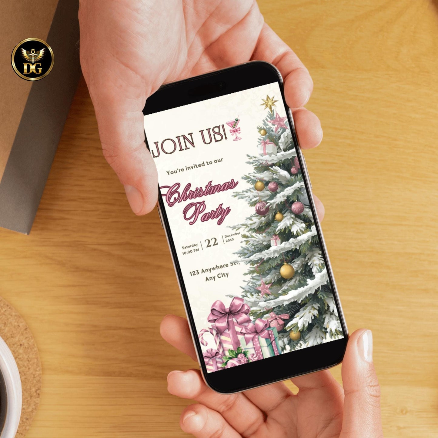 Christmas Party Invitation Template Set, Elegant Pink & Gold Holiday Invite, Digital Download, Menu, RSVP, Thank You, Details Card