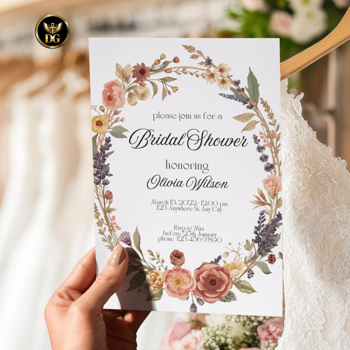 Elegant Evergreen Bridal Shower BUNDLE Delicate Floral Wreath on White Invitation, RSVP, Details, Menu, Thank You Editable Canva Template