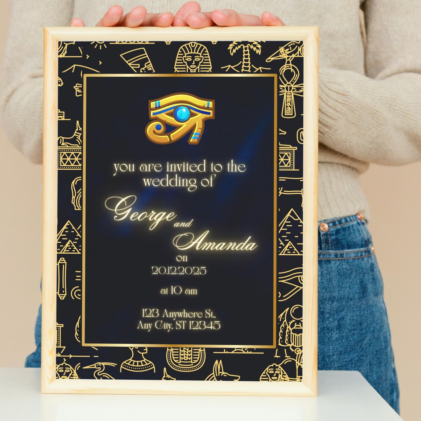 Egyptian Wedding Invitation Gold Blue Eye of Horus | Ancient Egypt Wedding Invite | Luxurious Digital & Printable Template