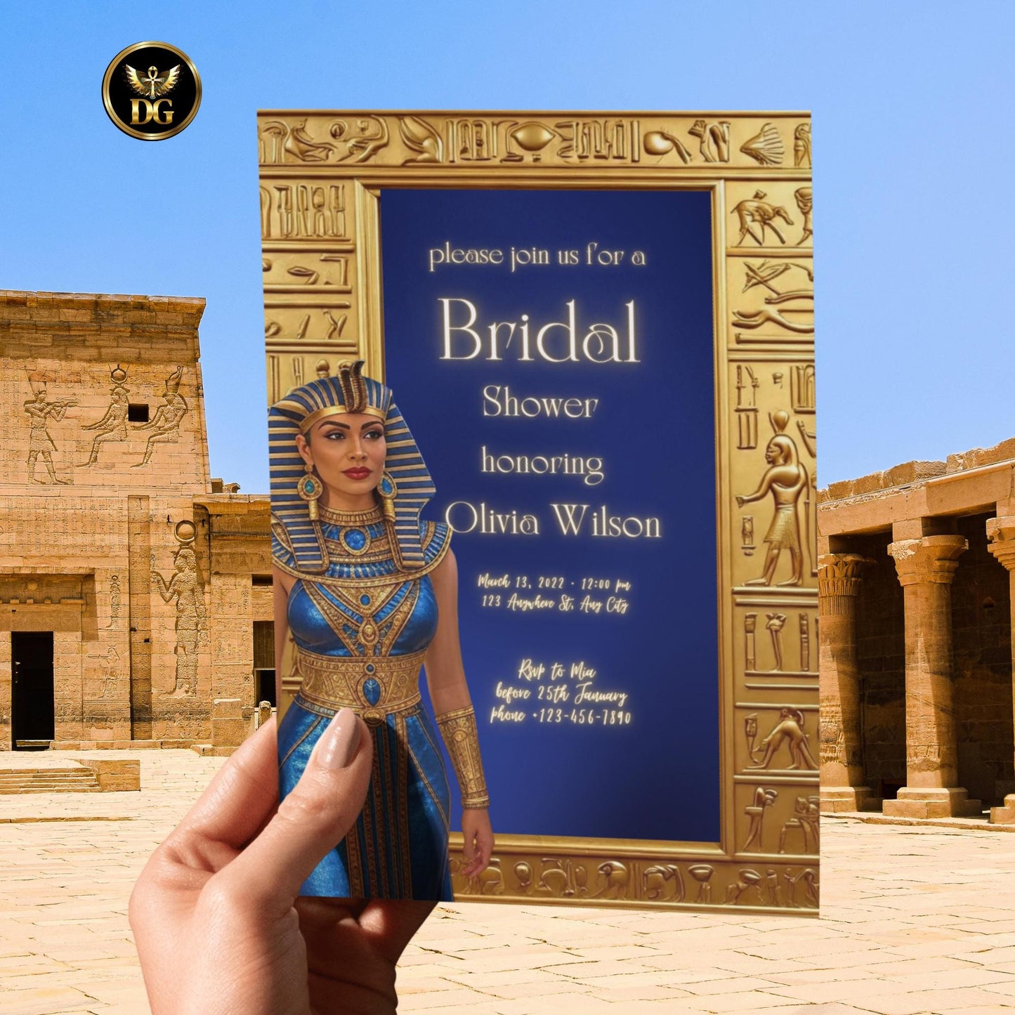 Egyptian Bridal Shower Invitation | Hieroglyphic Gold Frame & Blue Goddess Bride | Editable Canva Template