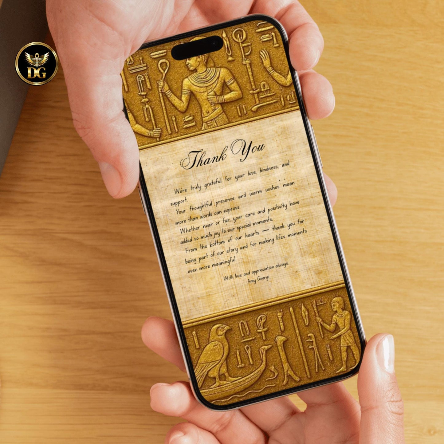 Majestic Egyptian Stone & Papyrus Thank You Card Editable Pharaoh Theme Digital Template for Weddings, GEM Events -Ancient Gold Collection