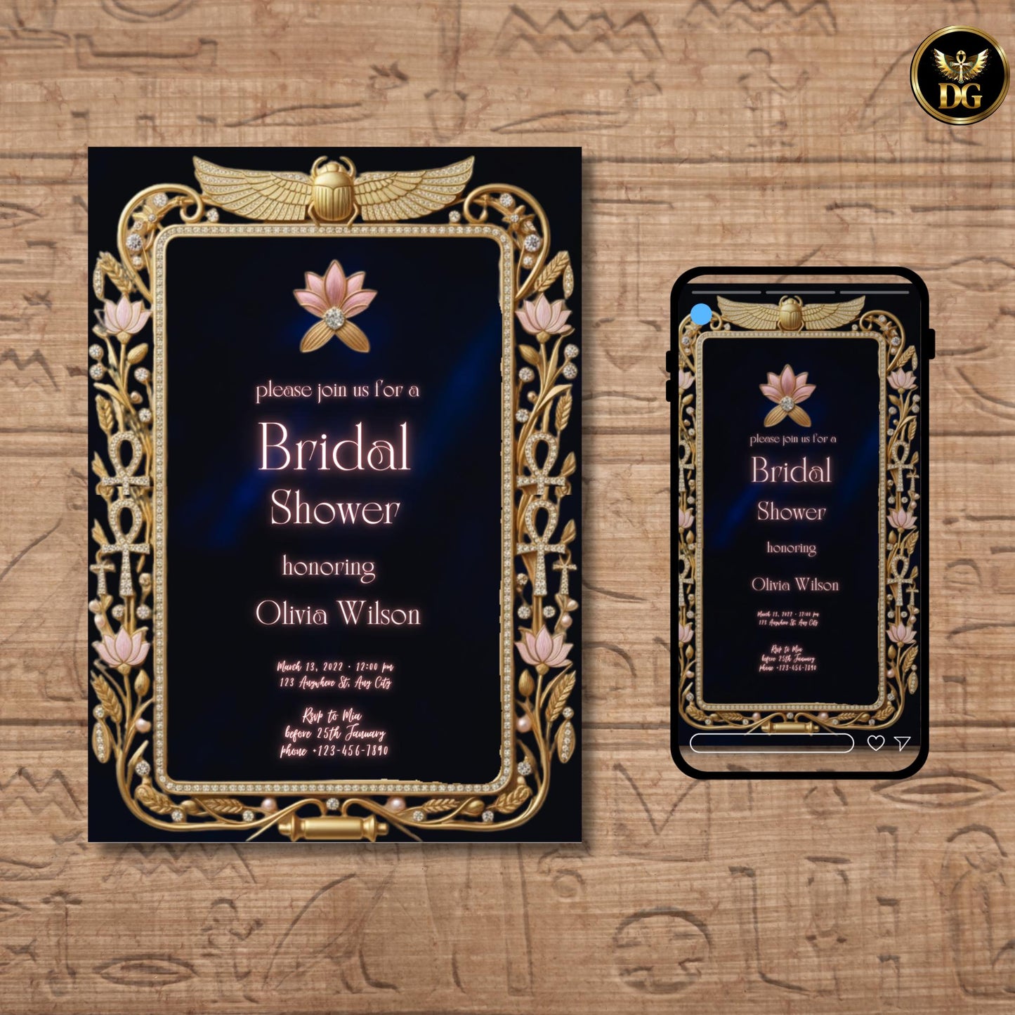 Egyptian Bridal Shower Invitation Template - Editable Ankh & Lotus Canva Template for Pharaoh Theme Party, Gold, Navy Blue Digital Download
