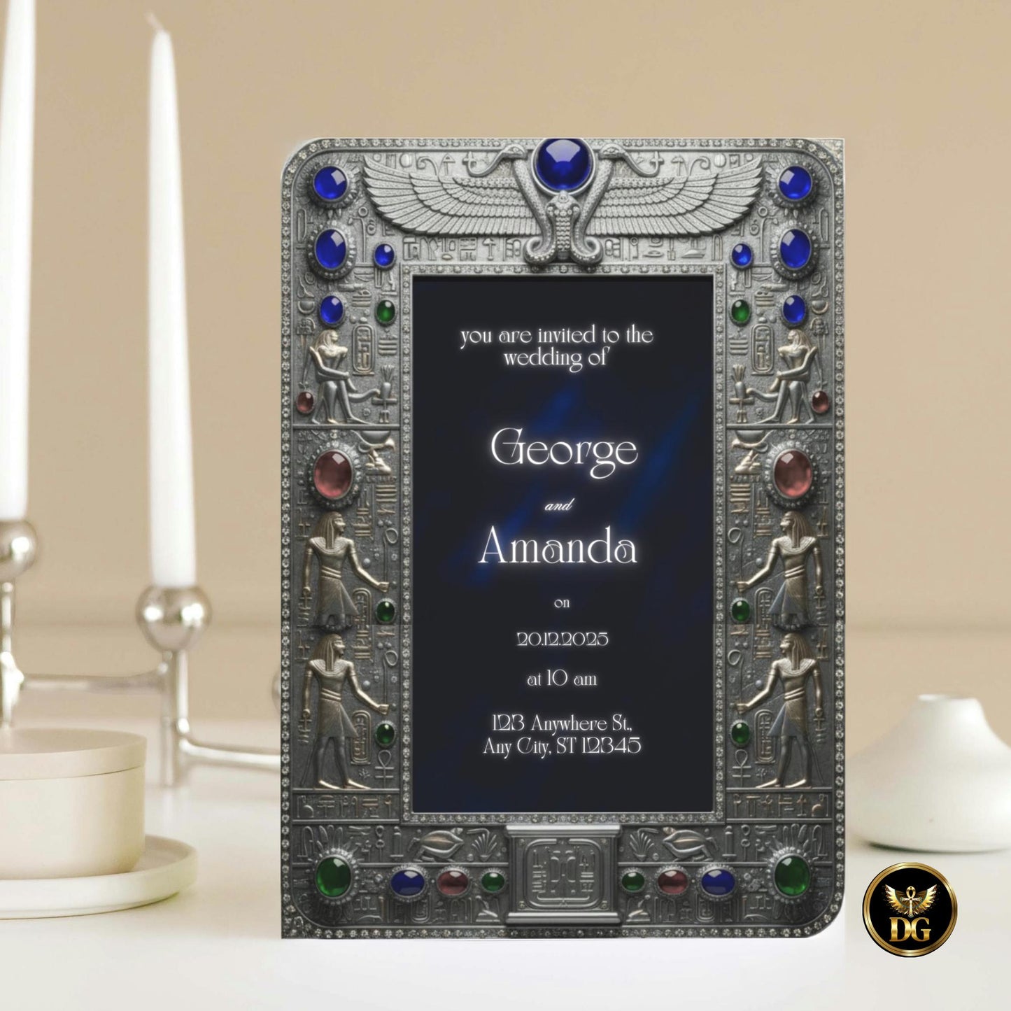 Royal Egyptian Wedding Invitation Silver Jeweled Pharaoh Frame | Digital Canva Template | Luxury Bridal Shower, Engagement & Nuptial Invite