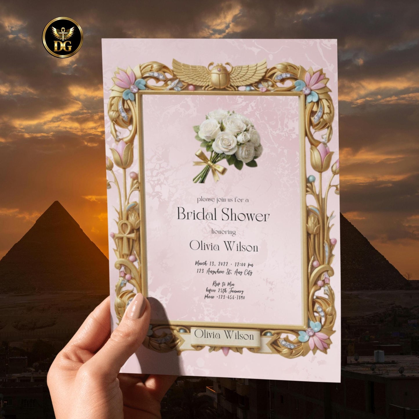 Egyptian Bridal Shower Invitation | Goddess Theme Template | Pastel Pink & Gold Lotus | Editable Canva Digital Download