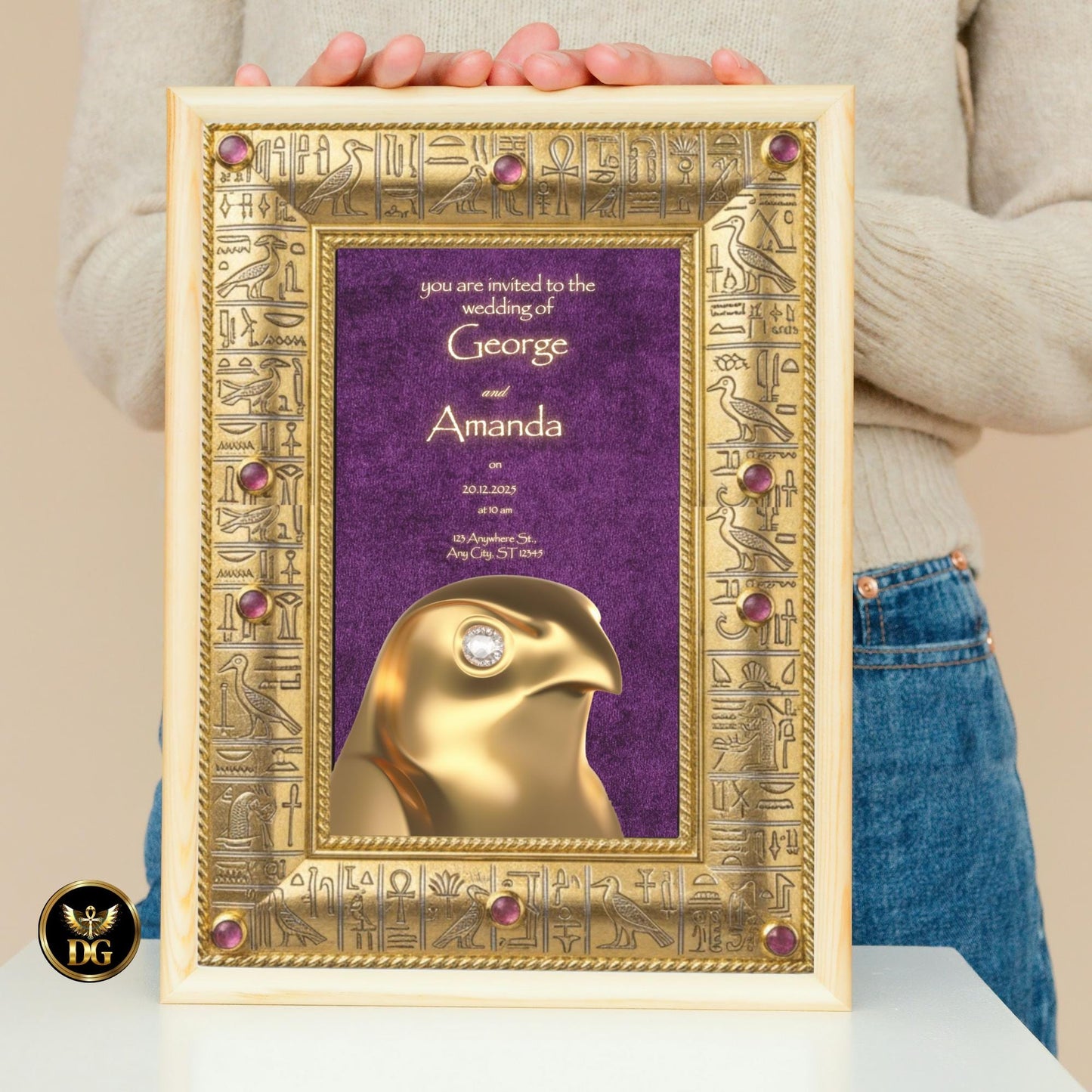 Eye of Horus Egyptian Wedding Invitation | Purple Velvet & Gold Frame | Diamond Details | Luxurious Editable Canva Template