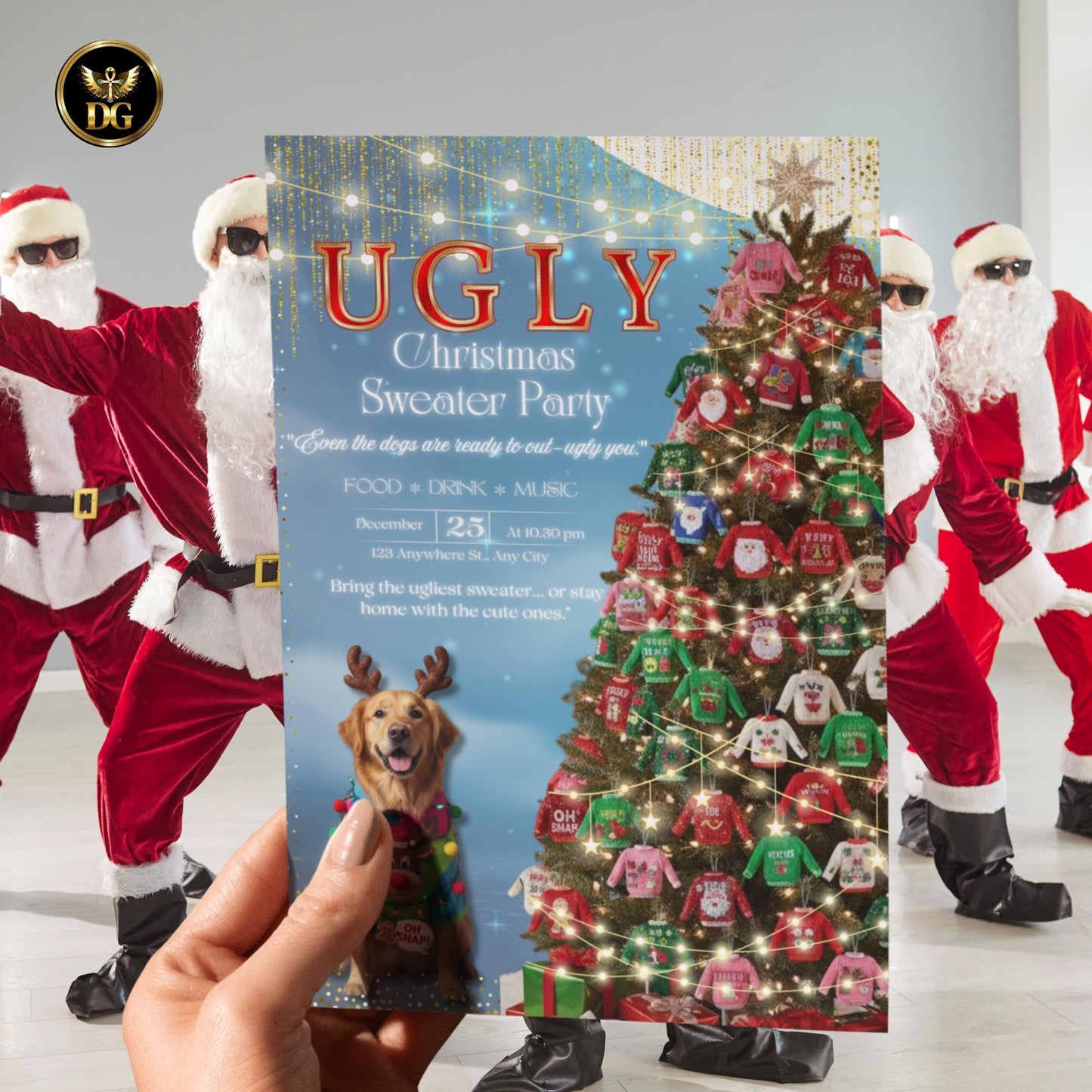 Ugly Christmas Sweater Party Invitation Template - Editable Digital Download - Holiday Party Invite - Christmas Dog Design
