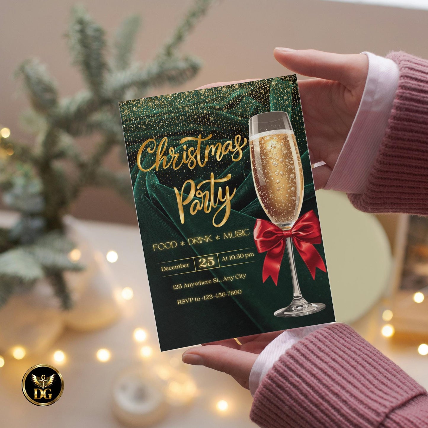 Emerald Velvet & Gold Glitter Christmas Party Invitation Set | Elegant Canva Template | Luxury Holiday Digital Invite