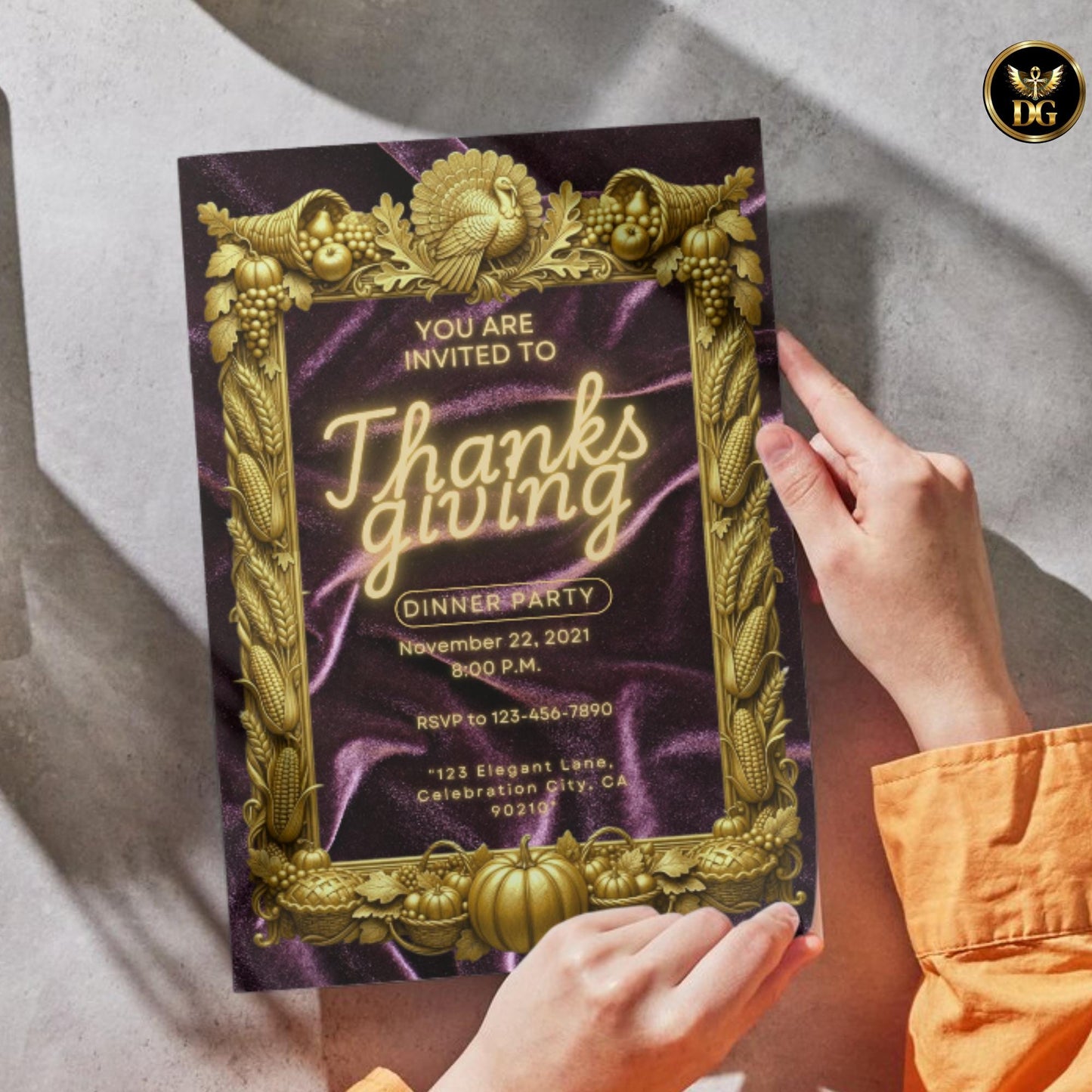 Elegant Deep Purple Velvet Thanksgiving Invitation | Luxury Gold Frame Harvest Invite | Canva Template with Turkey & Cornucopia Design Extra