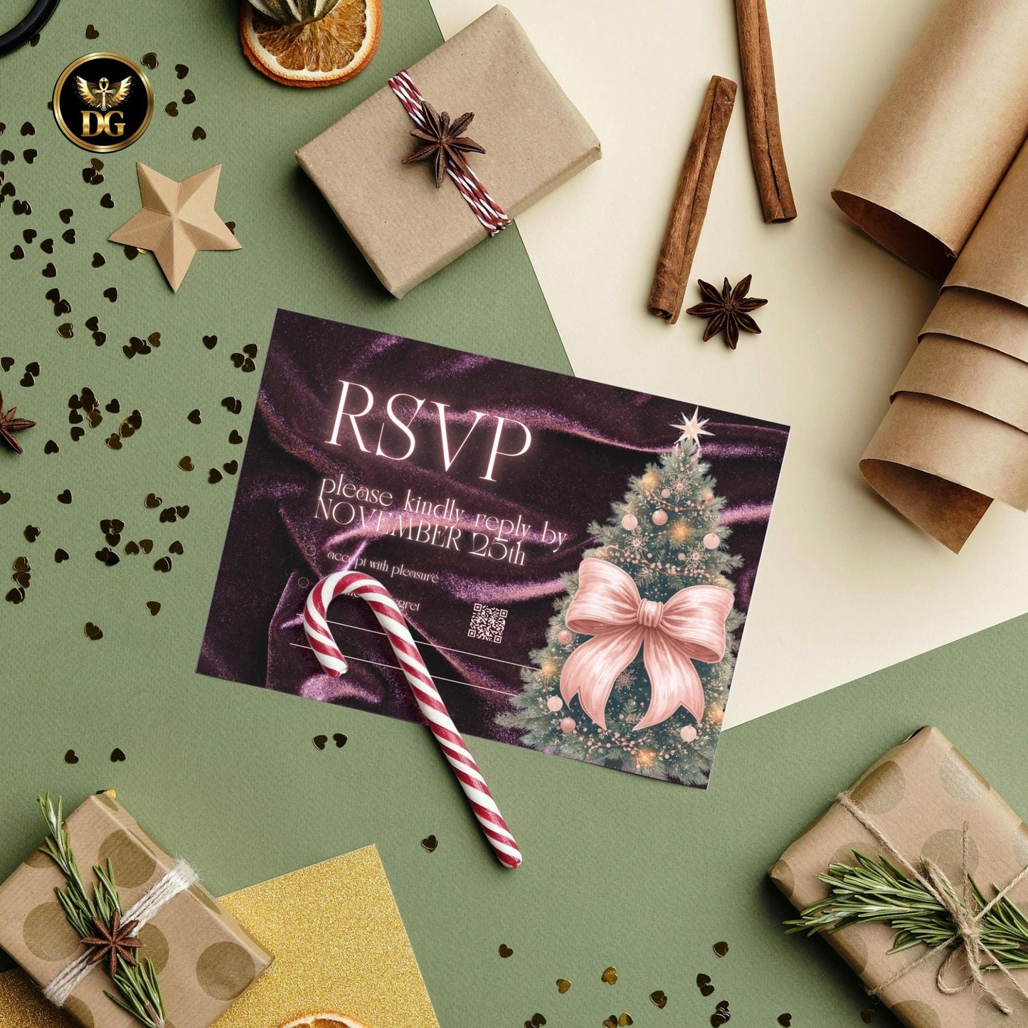 Deep Purple Velvet Christmas Wedding Invitation | Green Tree & Pink Bow | Elegant Winter Holiday Canva Template | Luxury Wedding Suite