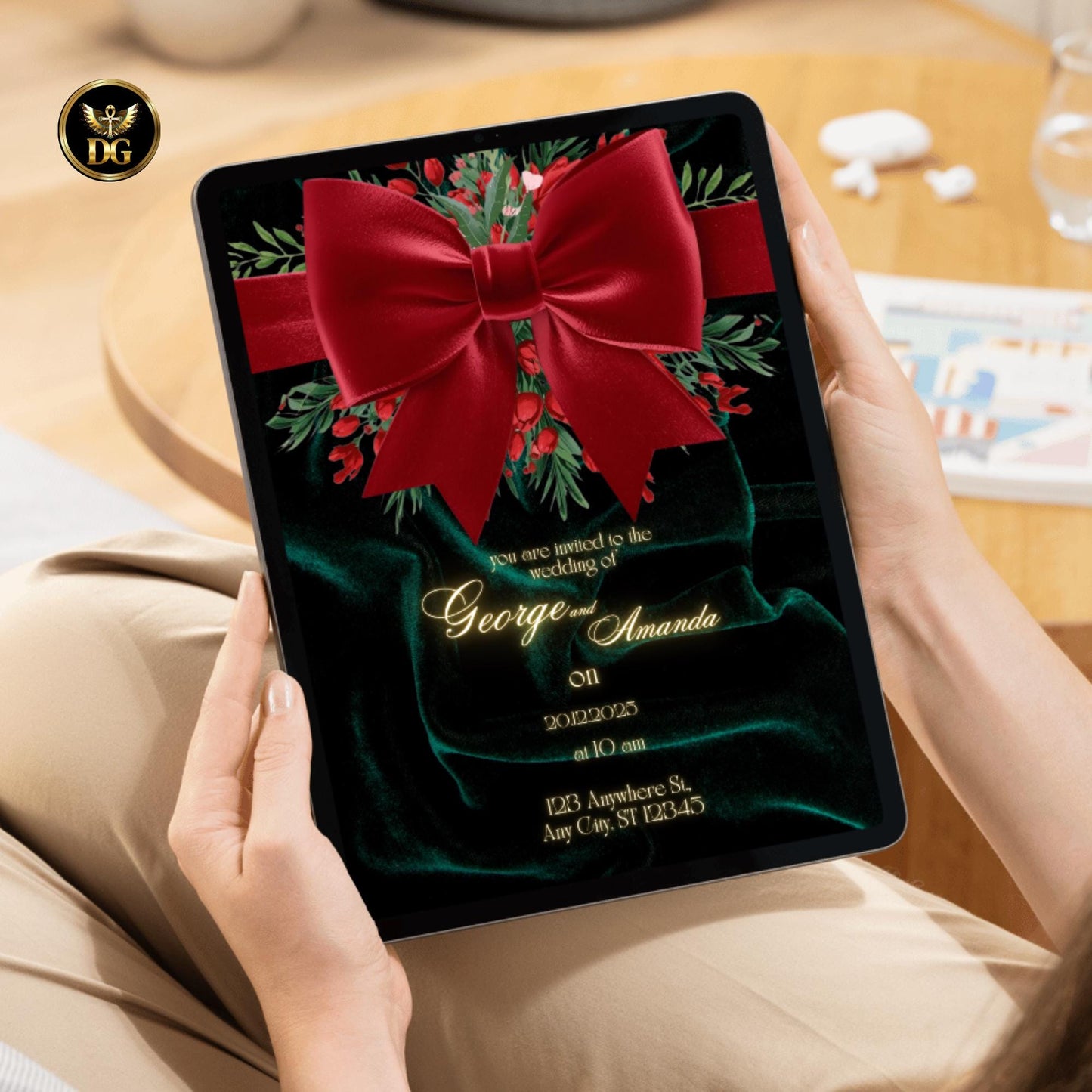 Emerald Velvet Winter Wedding Invitation Luxurious Christmas Berries & Red Satin Ribbon Canva Template – Royal Holiday Elegance!