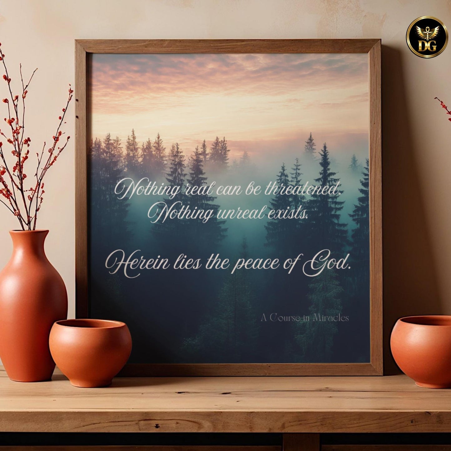 A Course in Miracles Quote Print | 5 Sizes | Nothing Real Can Be Threatened | Spiritual Wall Art Misty Forest Sunset Poster Digital Download