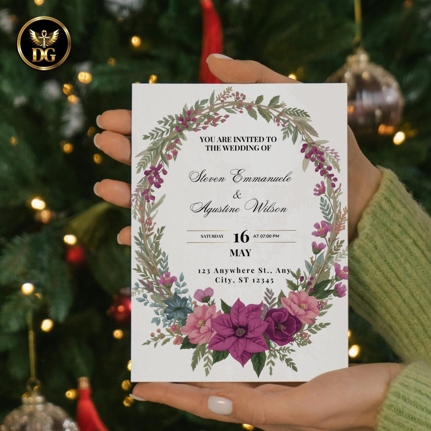 Purple Poinsettia Christmas Wedding Invitation Bundle | Gold Cream Winter Wedding Stationery | Christmas Wreath Design