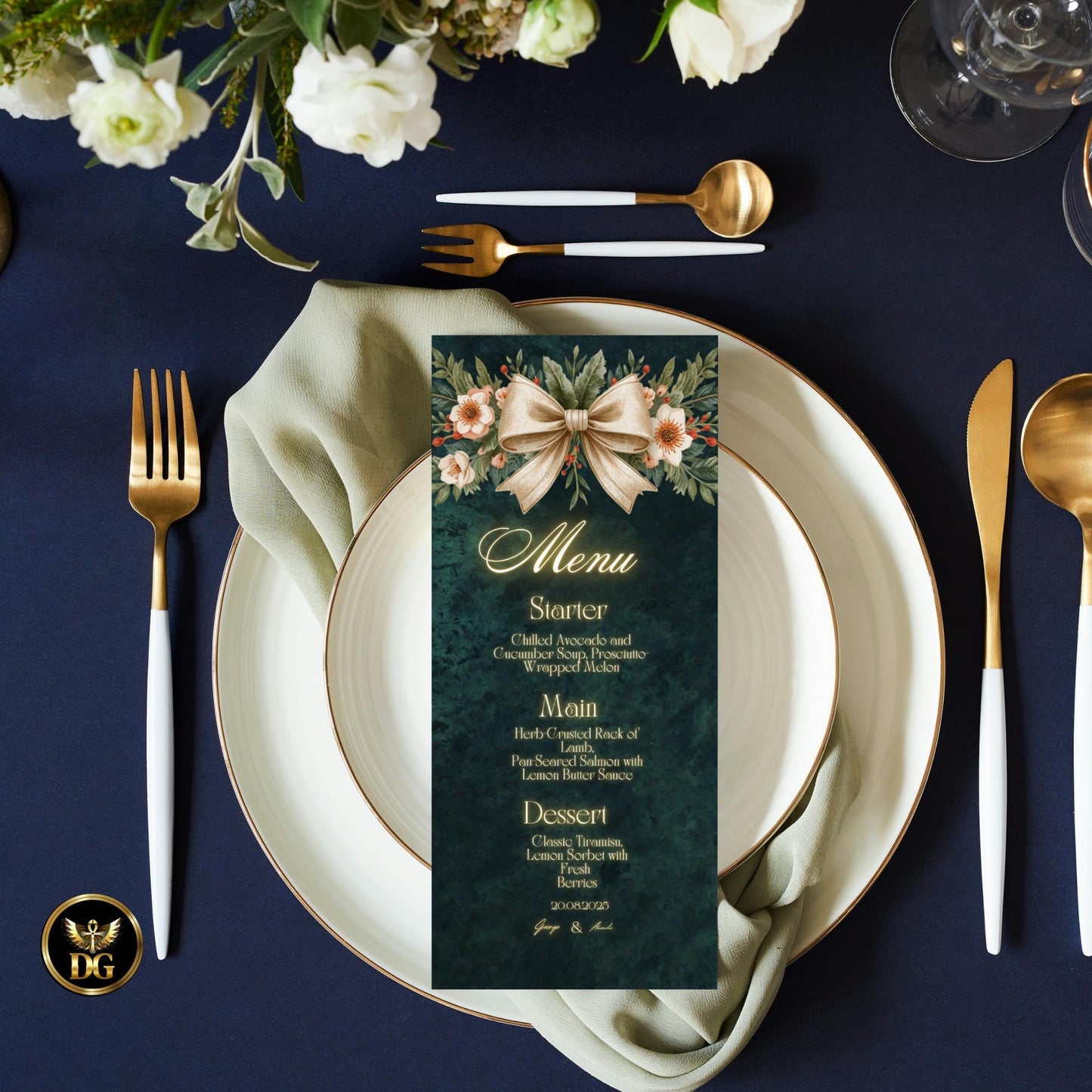 Emerald Green Velvet & Gold Bow Wedding Invitation Suite | Luxurious Editable 8-Piece Canva Template Set for Elegant Modern Weddings