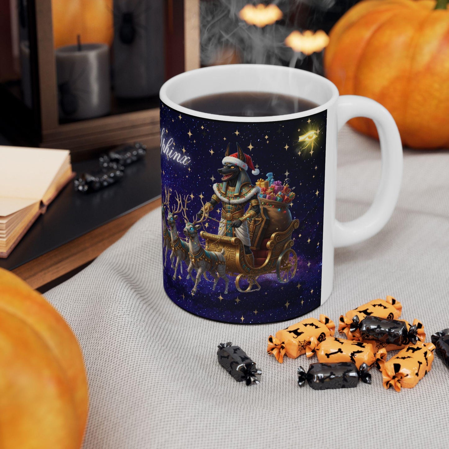 Egyptian Christmas Mug - Anubis Santa Sphinx Holiday Cup - Unique Pharaoh Christmas GiftMerry Sleigh Night reindeer sleigh Mug | Christmas