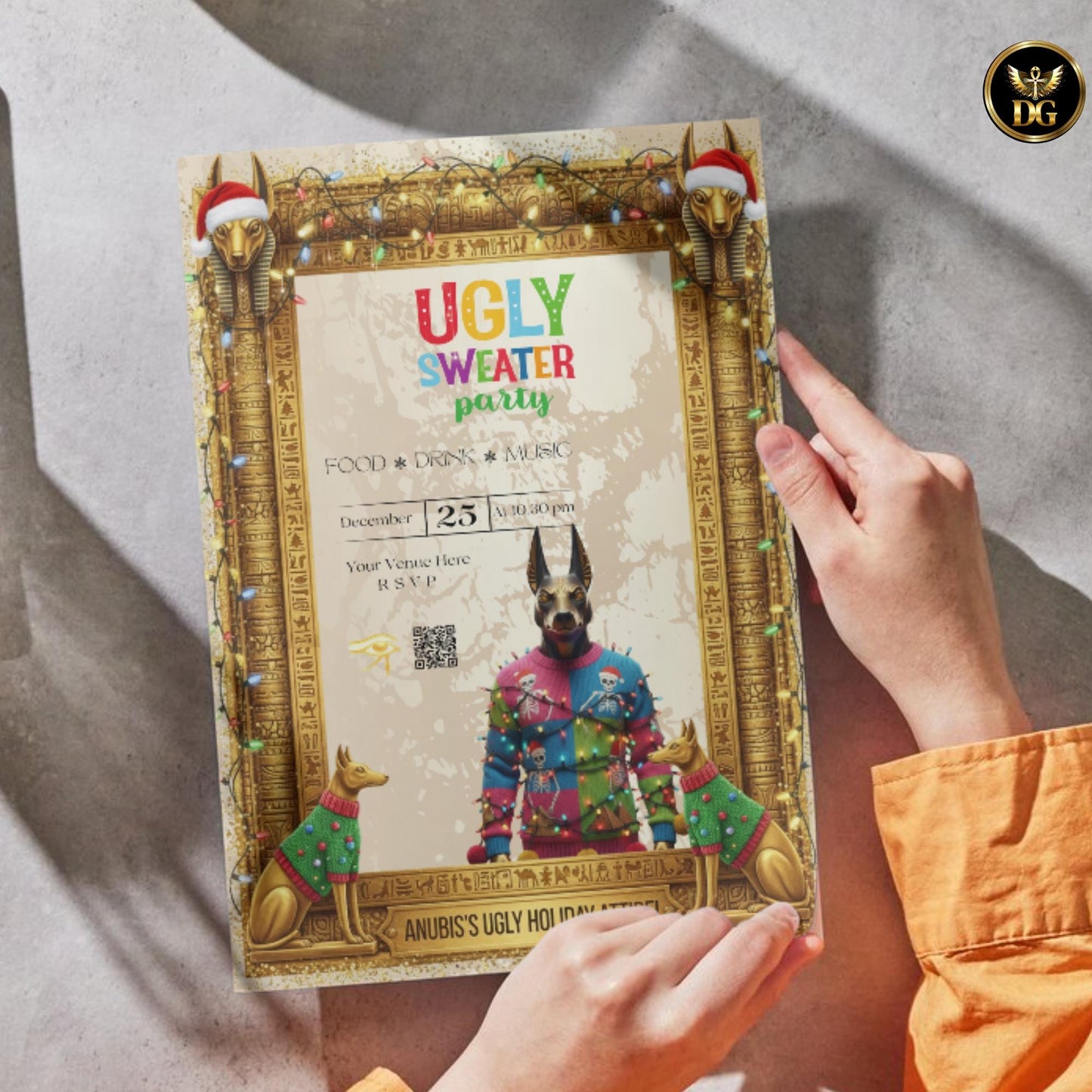 Gold Anubis Christmas Sweater Party Invitation | Egyptian Holiday Template | Ugly Sweater Printable Download
