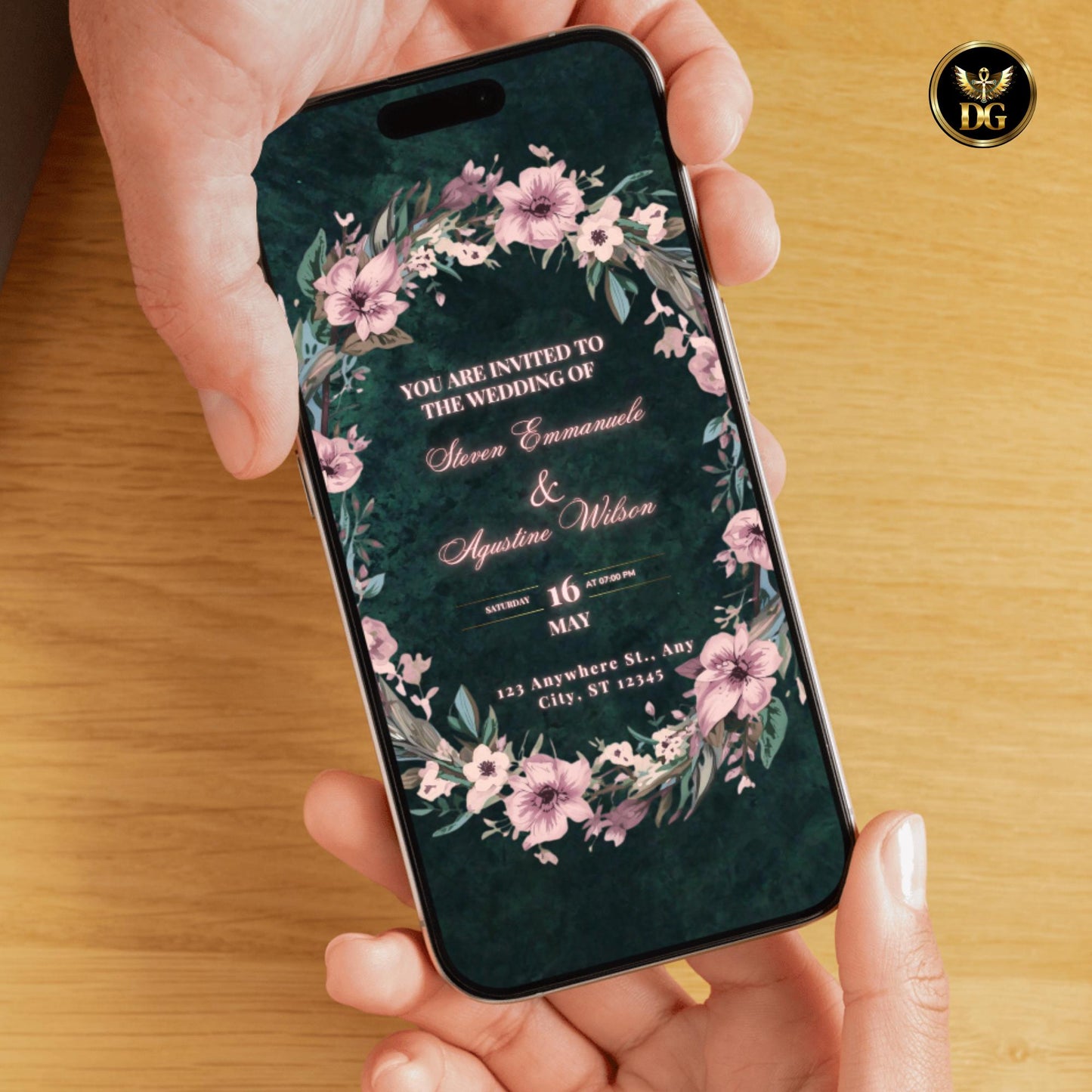 Emerald Velvet Wedding Suite Pink Floral Wreath Invitation Editable Canva Templates Luxury Green Wedding Bundle Elegant Printable Stationery
