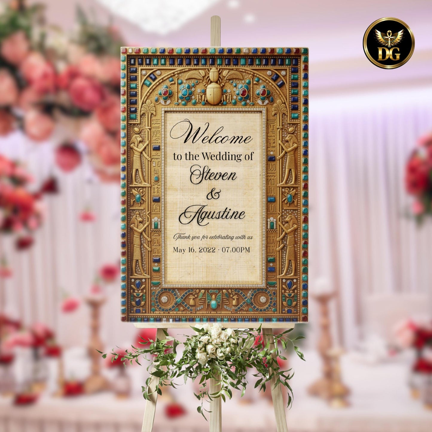 Egyptian Wedding Welcome Sign Template Pharaoh Theme Hieroglyphs Gold Royal Bandal Printable Instant Download Canva Matching wedding budle