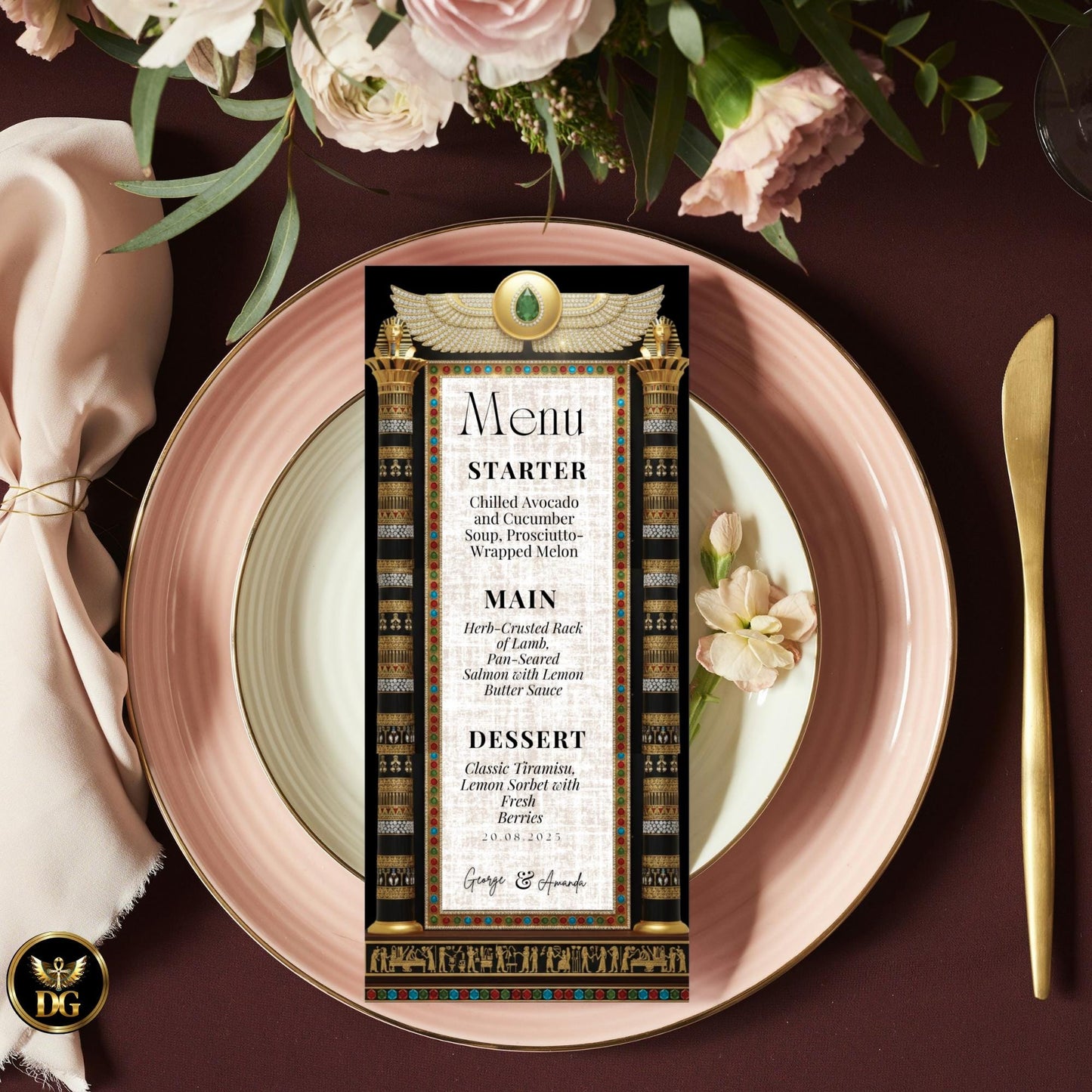 Opulent Black & Gold Egyptian Wedding Invitation Suite with Hieroglyphics, Jewel Details Wings Pharaoh-Themed Luxury Bandal for GEM Events