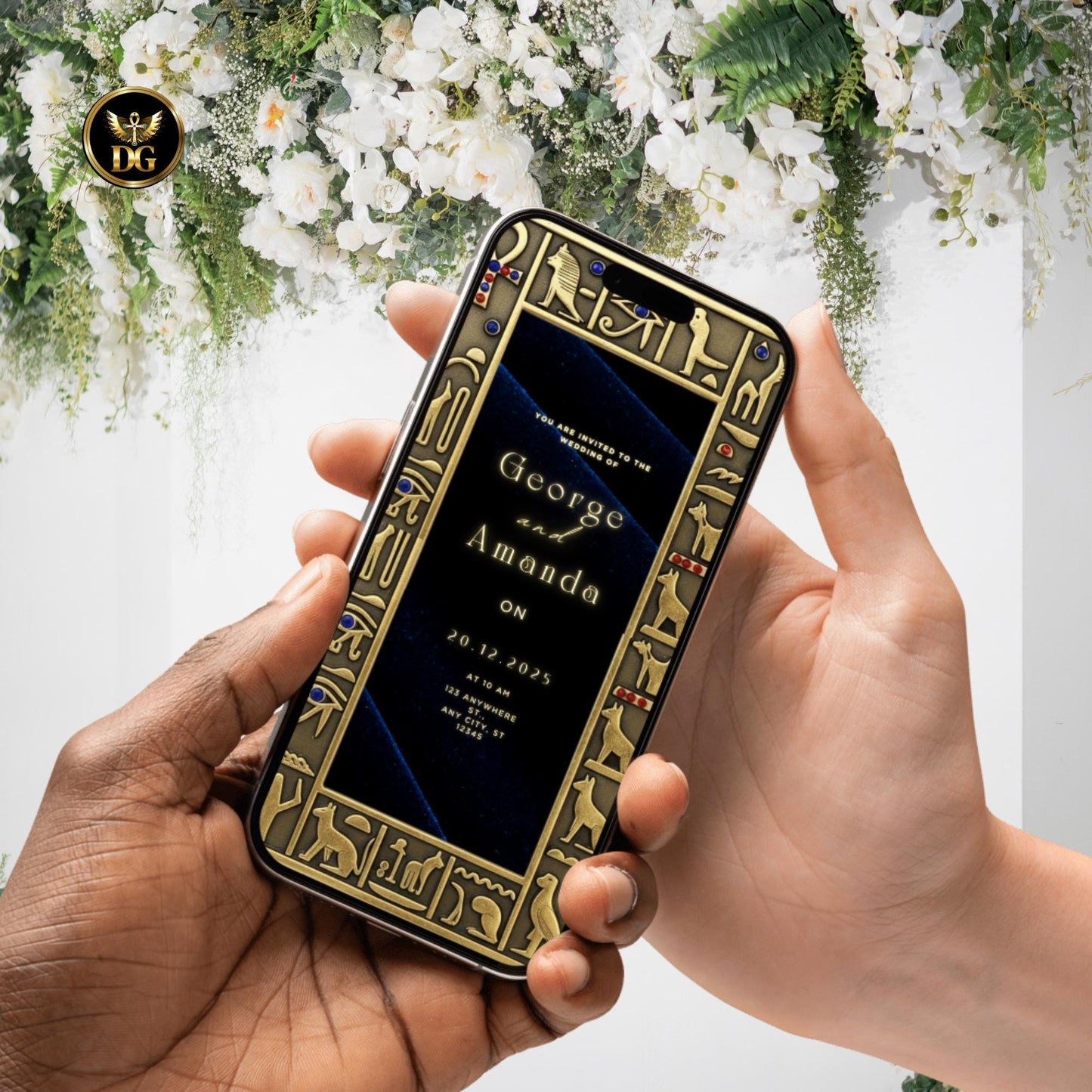 The Sapphire Majesty – Luxurious Navy Velvet & Vintage Gold Egyptian Wedding Bandal Invitation Suite