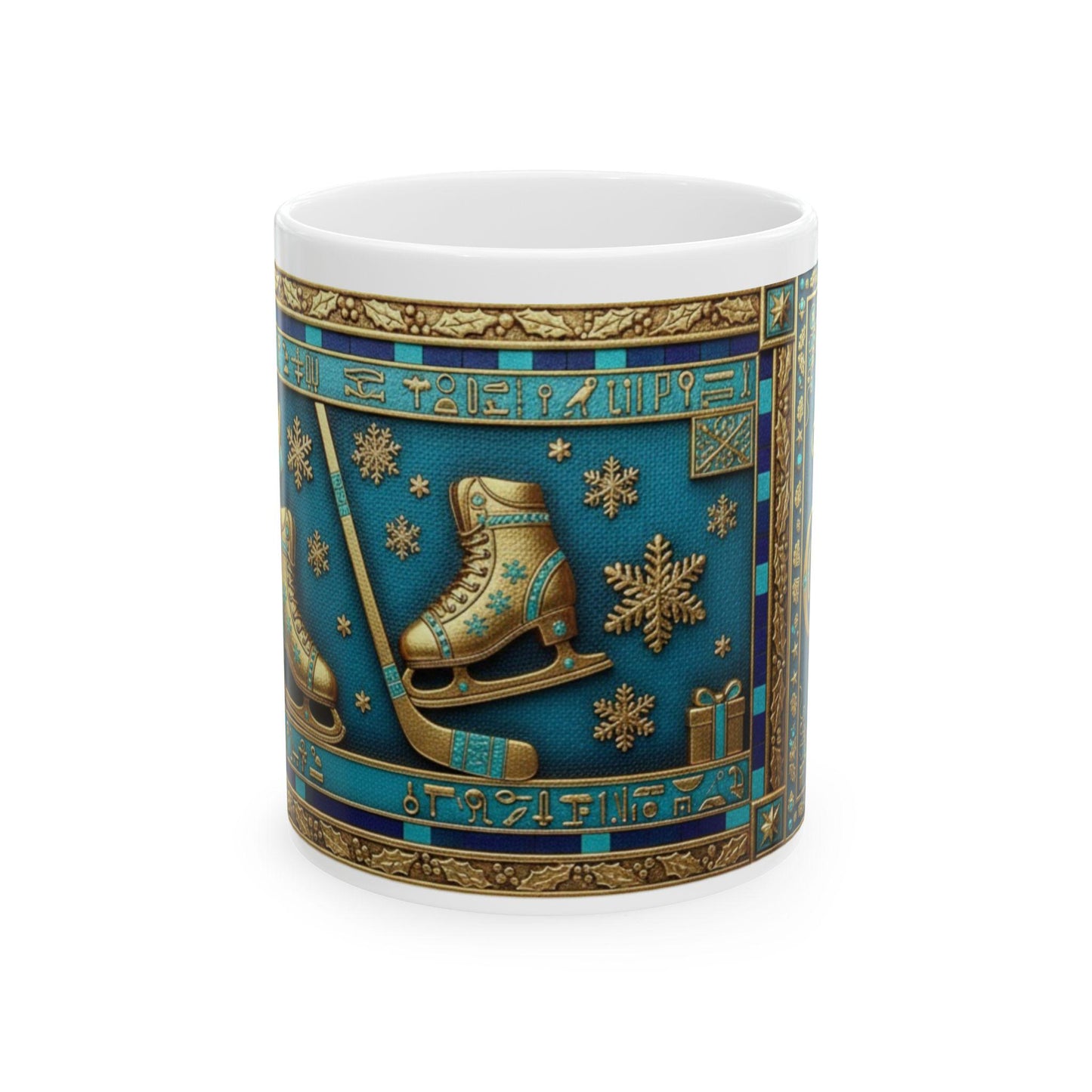 Vintage Ice Skates Christmas Mug | Holiday Snowflake Ceramic MugGilded Holiday Mug with Egyptian Blue & Pharaonic Accents