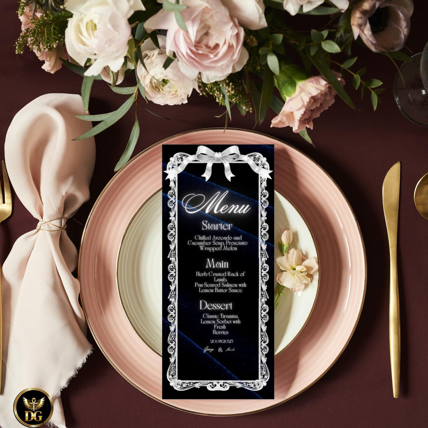 Navy Velvet & White Gold Diamond Wedding Invitation Suite with Bow | Luxury Royal Canva Template Elegant Opulent Design