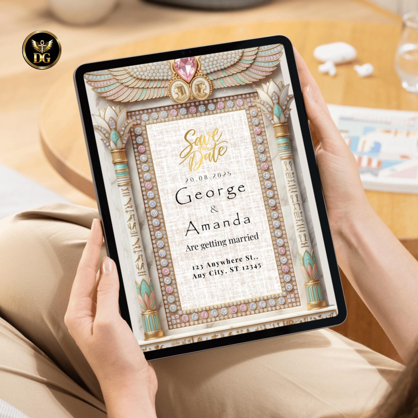 Ivory Pharaonic wedding theme • Beige linen background • Soft, elegant bandal • Egyptian royal aesthetic