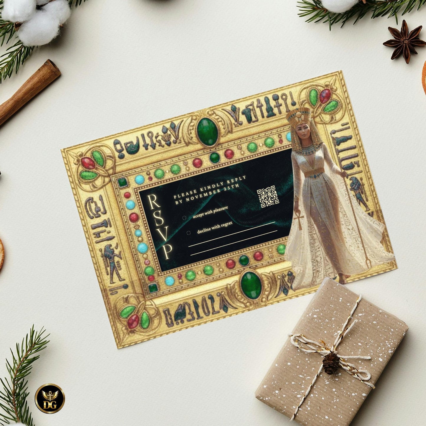 Emerald Velvet Egyptian Wedding Invitation | Nefertiti Gold Ankh Invite | Luxury Digital Bandal