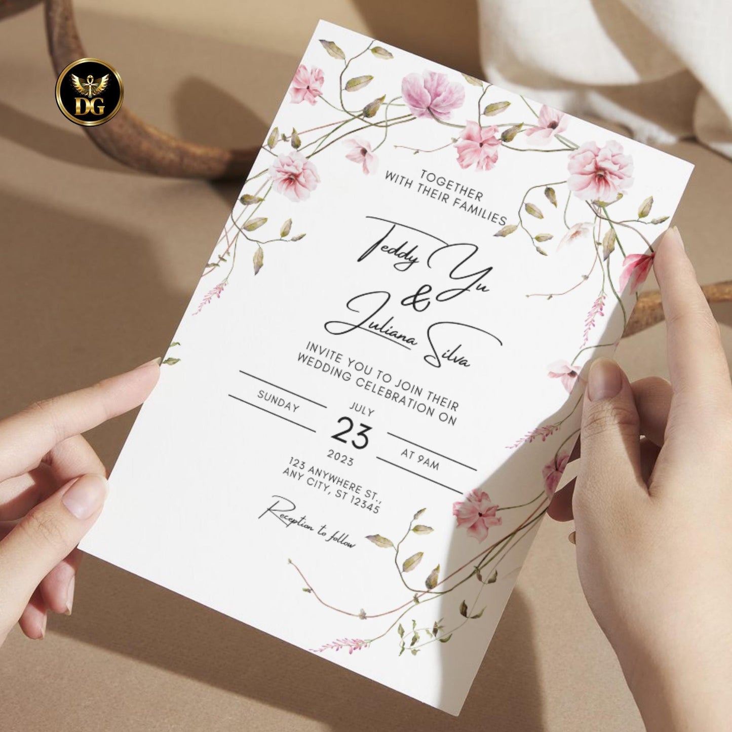 Delicate Pink Wildflowers Wedding Invitation Editable Canva Boho Floral Suite