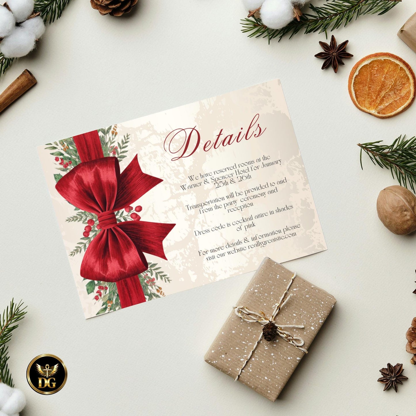 Elegant Cream & Gold Christmas Invitation Set | Vertical Bow Design | Editable Canva Templates | Holiday Party Bundle
