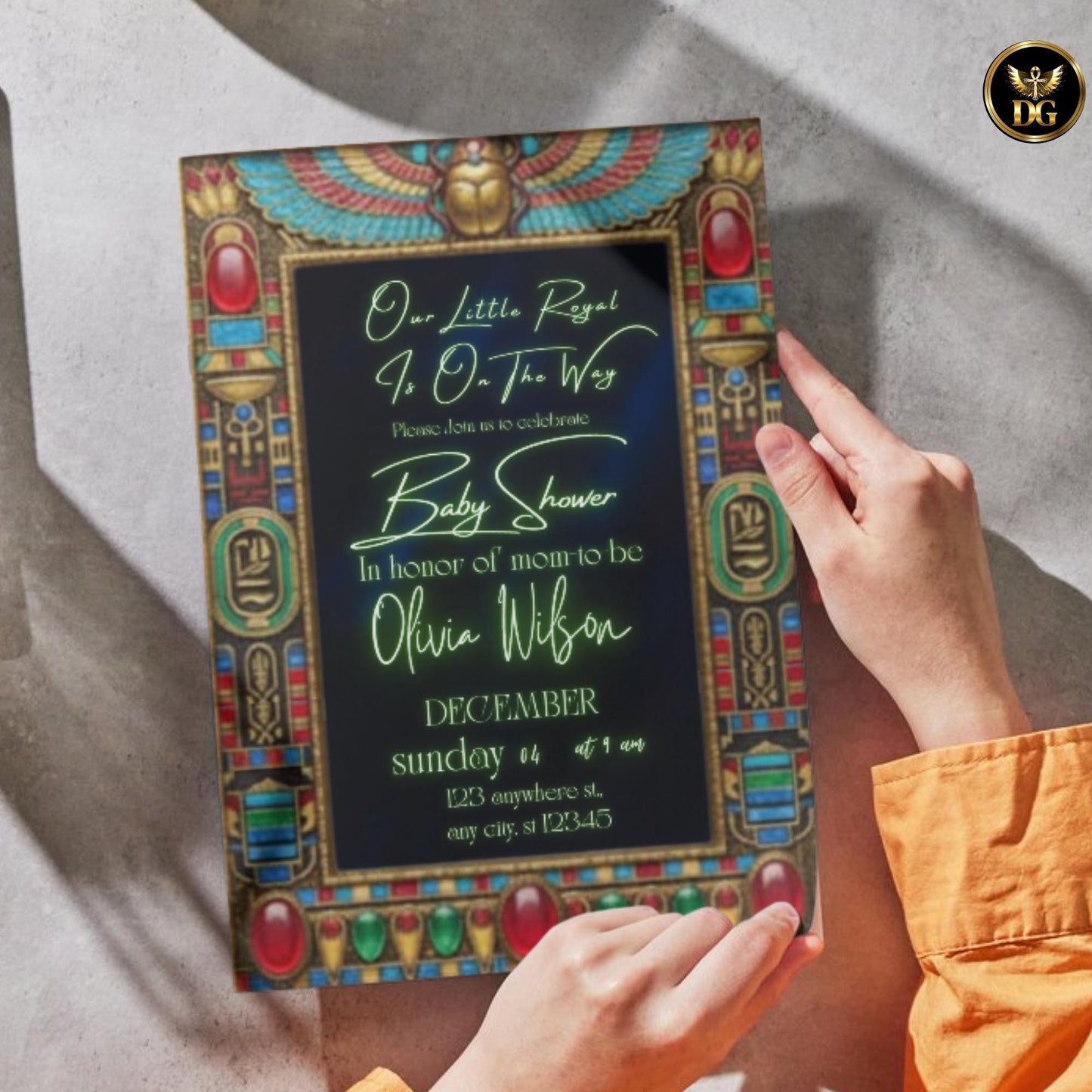 Egyptian Baby Shower Invitation | Navy Blue Velvet, Jewel Frame, Golden Scarab with Turquoise Wings | Editable Canva Template