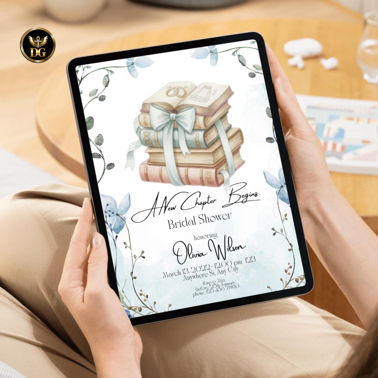 A New Chapter Begins Bridal Shower Invitation, Baby Blue Book Lover Bridal Shower, Literary Romantic Printable Invite 5x7