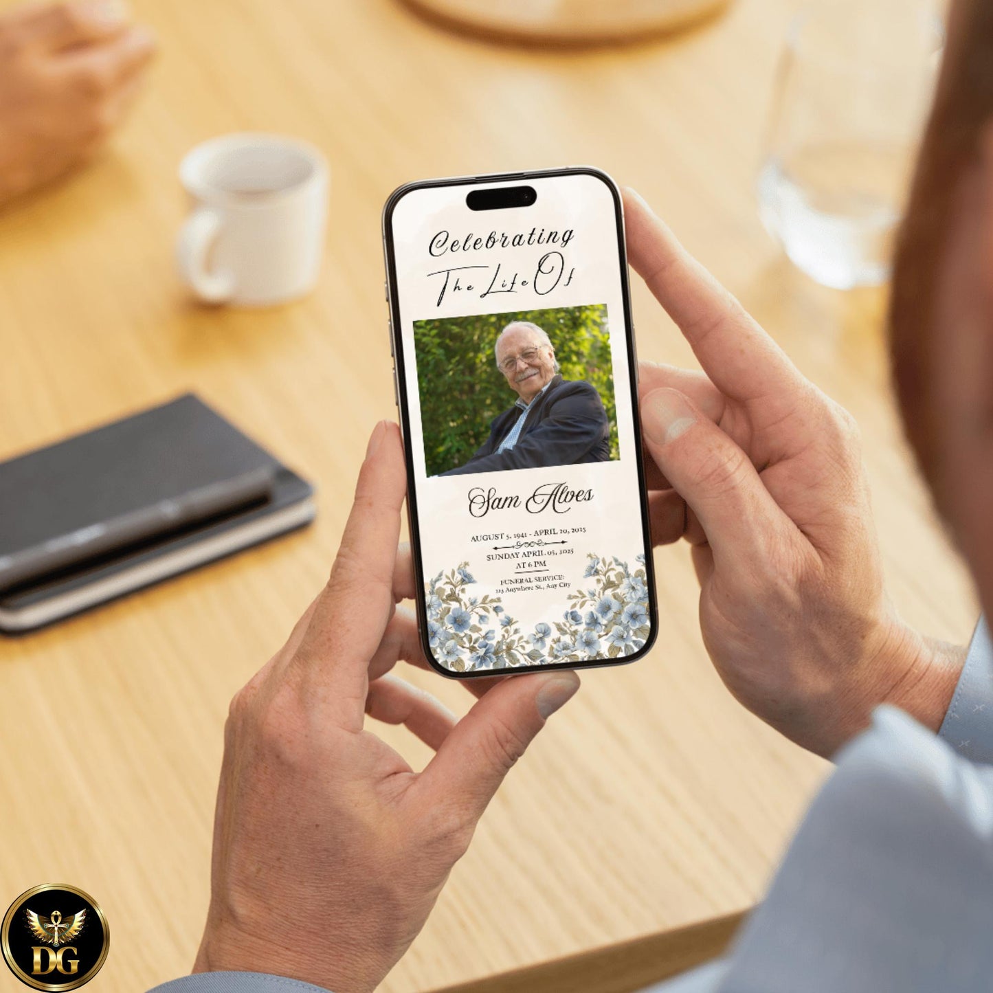 Funeral Invitation Template Beige Watercolor with Baby Blue Flowers Memorial Program Editable Canva Digital Download