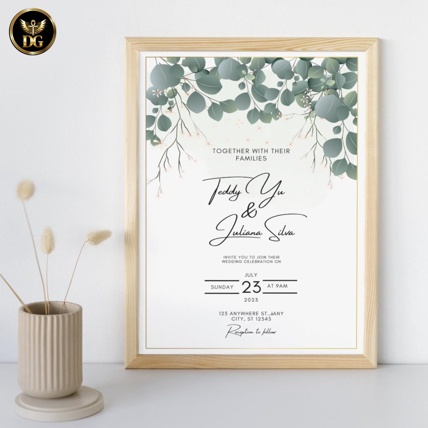 Classic Ivy & Gold Wedding Invitation Suite, Editable Canva Template, Green Botanical Wedding Invite, Elegant Garden Wedding Stationery