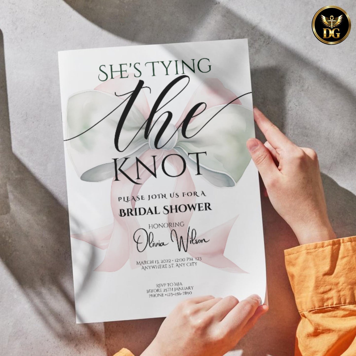 Elegant Pink Bow Bridal Shower Invitation with White Background Soft Green Accents Luxury Feminine Digital Printable Wedding Party Invite