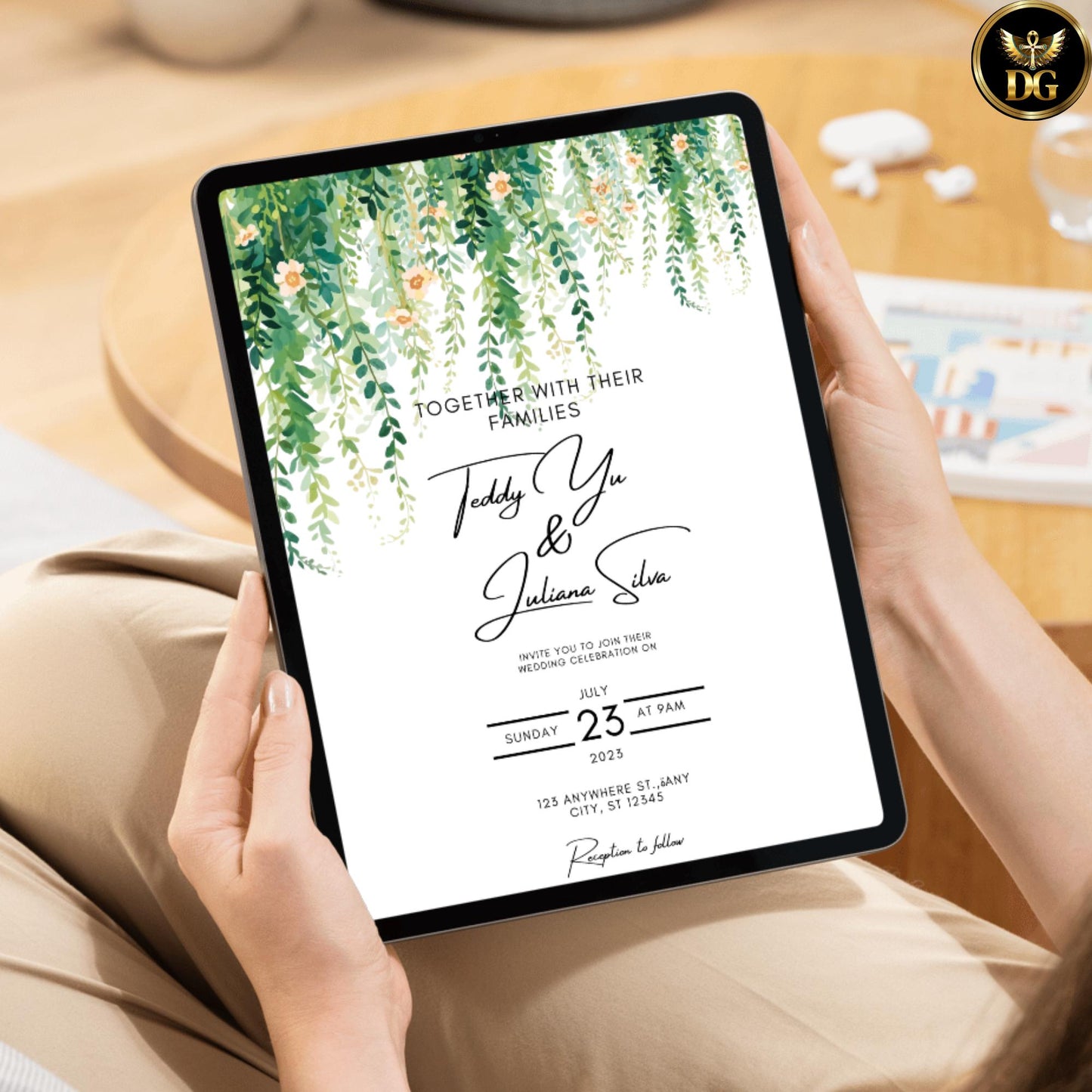 Hanging Greenery Delicate Blooms Wedding Invitation Template Editable Canva Digital Download Watercolor Branches Yellow Orange Beige Flowers