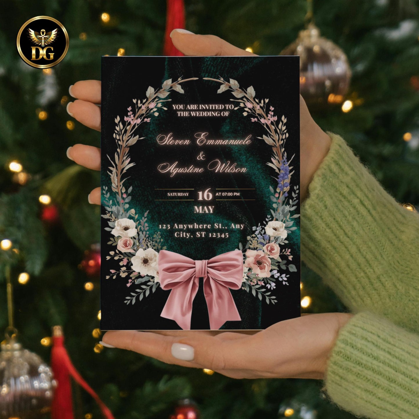 Emerald Velvet Wedding Invitation Suite | Blush Pink Bow & Botanical Wreath | Editable Canva Wedding Invitations | Romantic Elegant Design