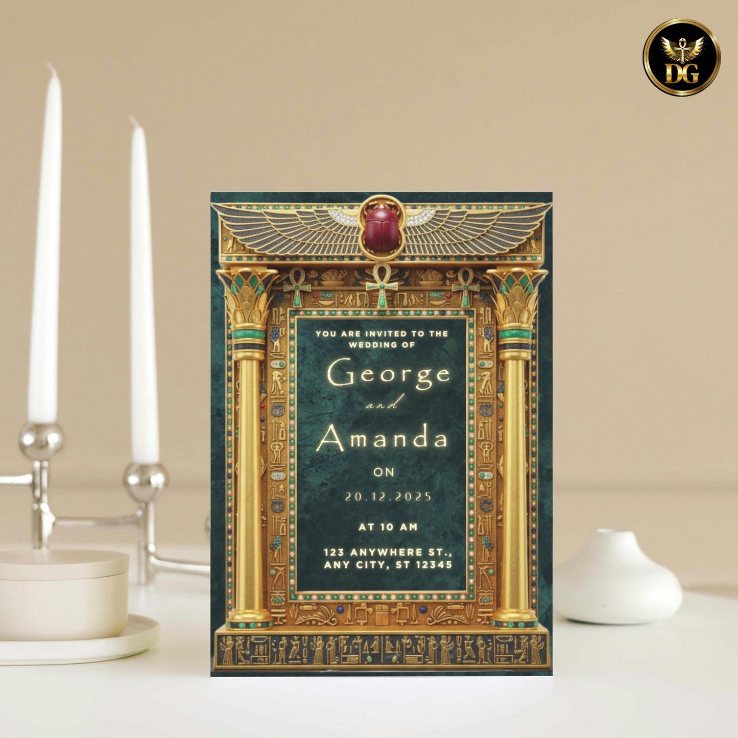Regal Emerald Green Velvet Wedding Invitation, Ancient Egyptian Gold Frame, Winged Scarab Luxury Digital Invite